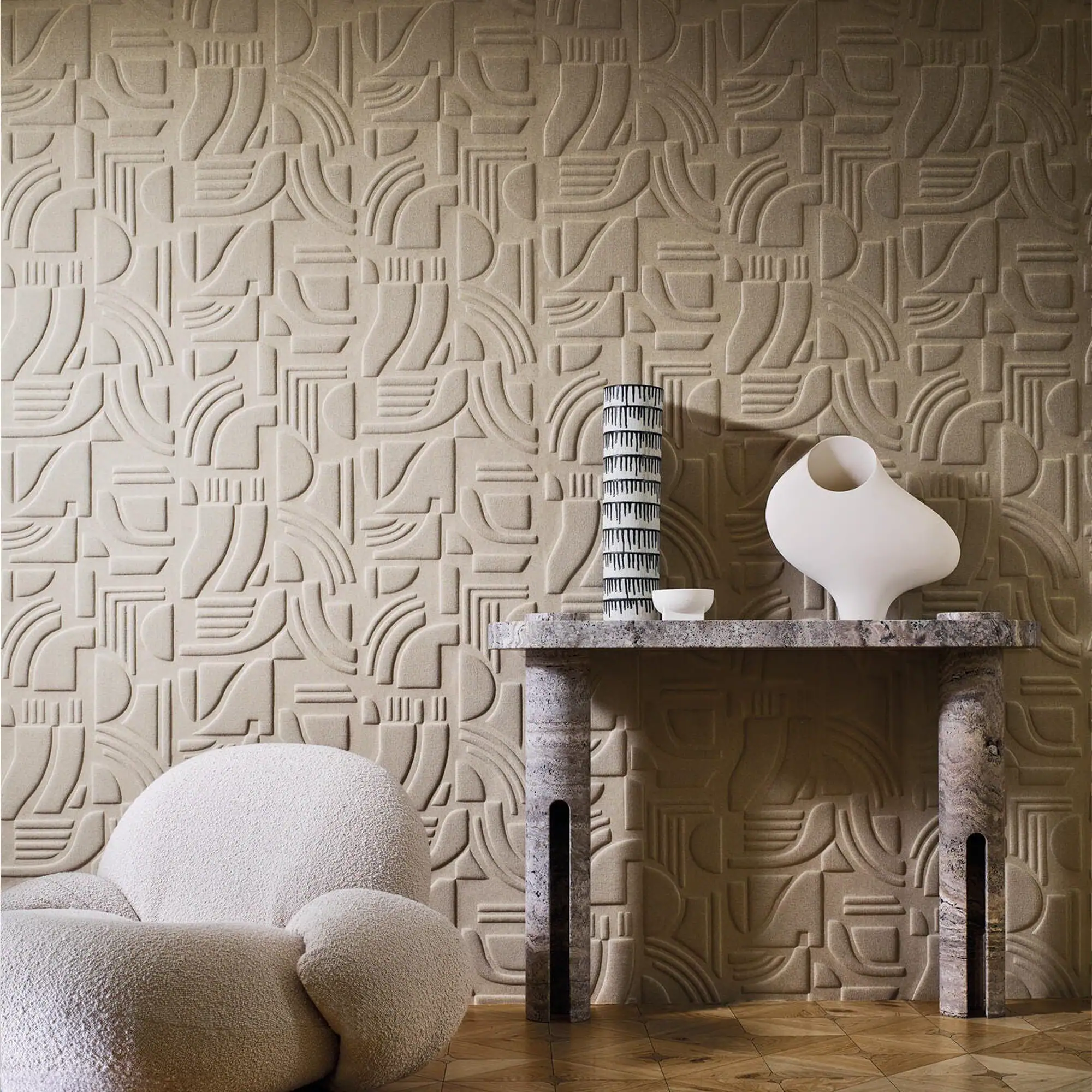 Textured beige Linsolite wallpaper with geometric pattern in a modern living room.