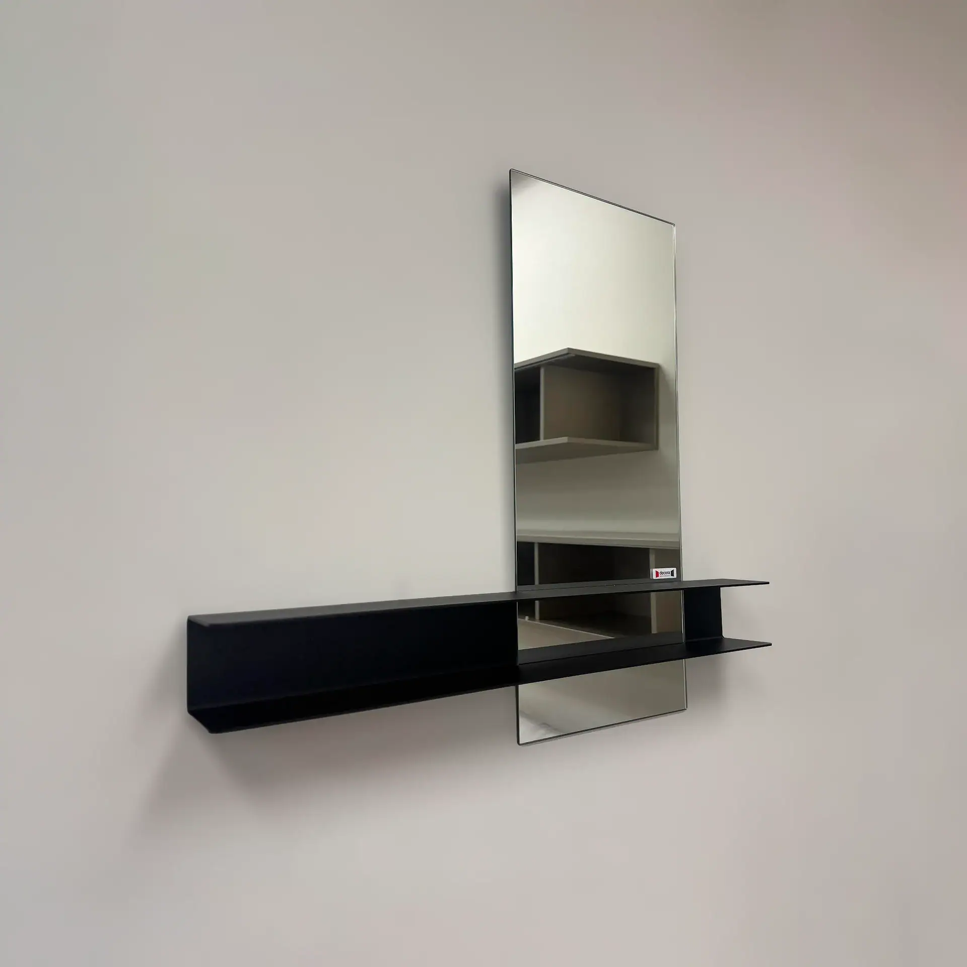 Modern Deknudt Slide Double Mirror with black shelf and mirror.