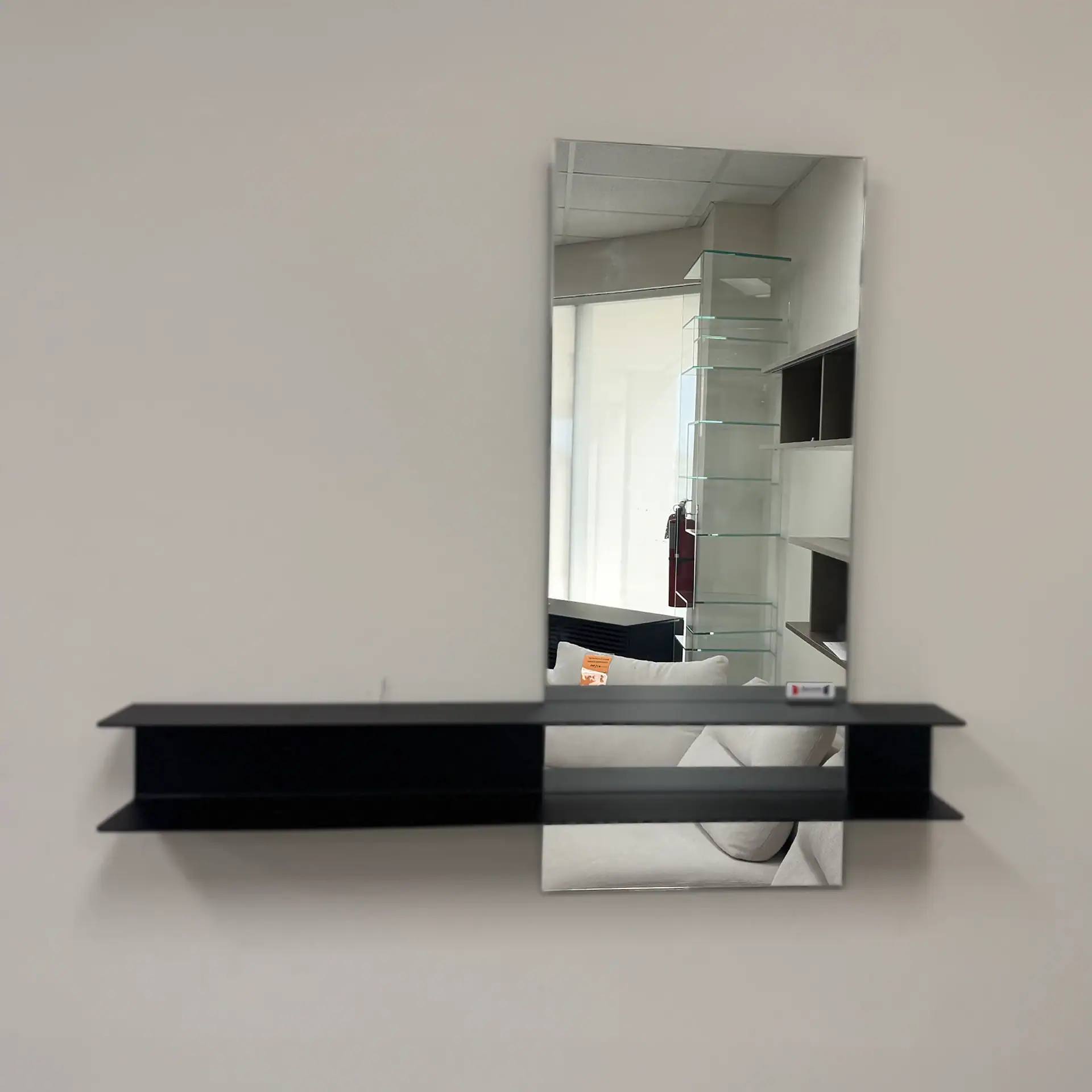 Deknudt Slide Double Mirror with sleek design and black shelf.