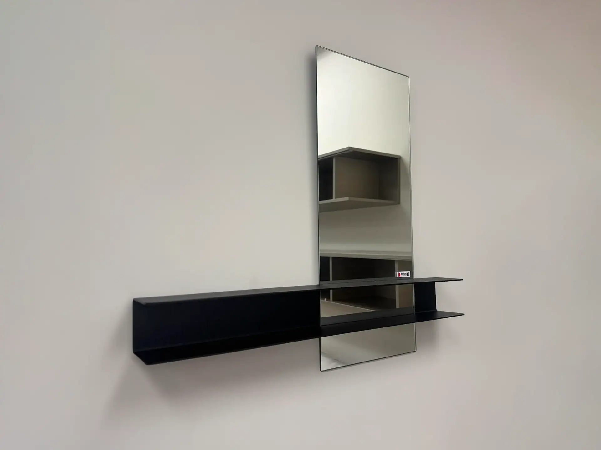 Deknudt Slide Double Mirror with black shelves and a mirror.