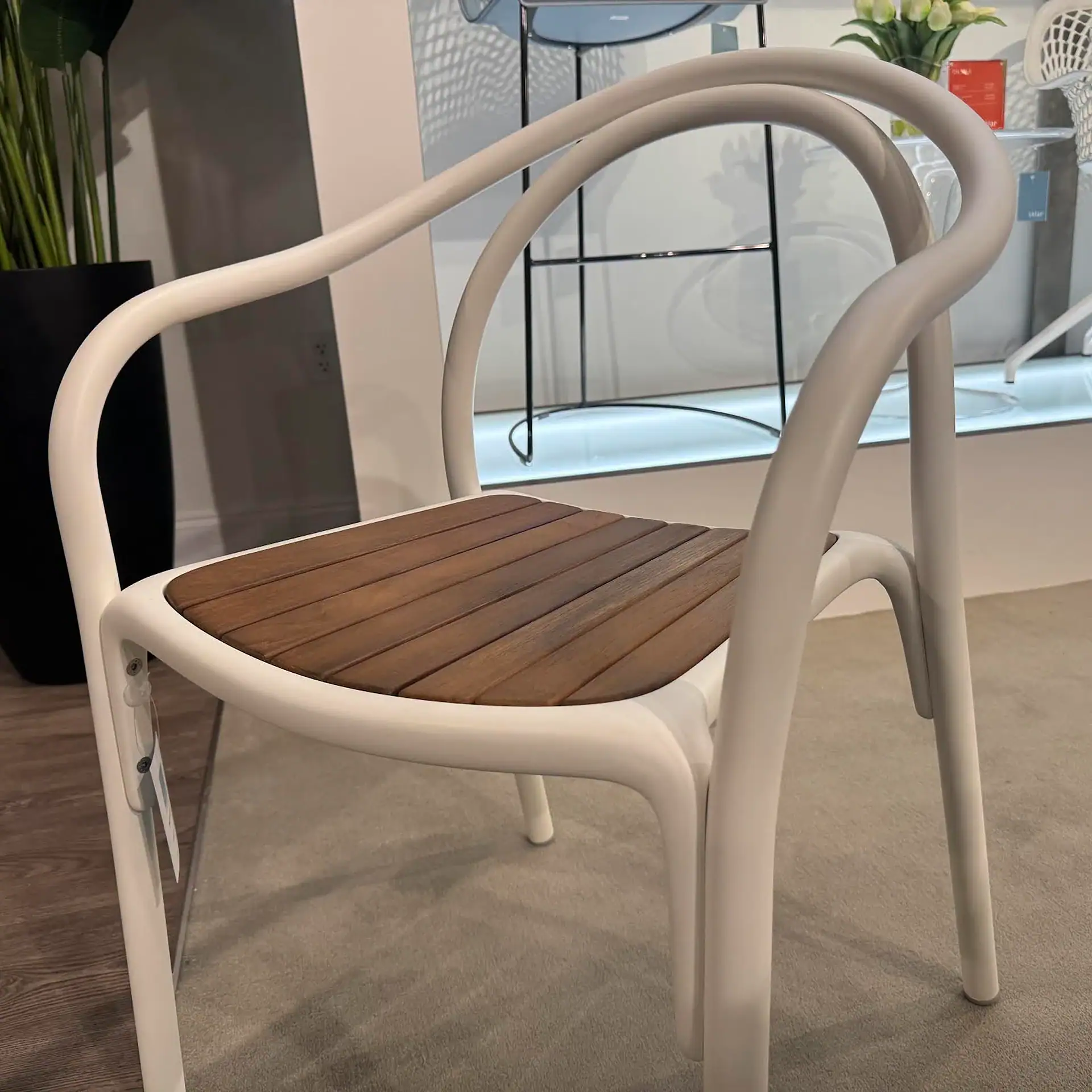 Pedrali 3746 Soul Armchair with wooden seat and white frame.