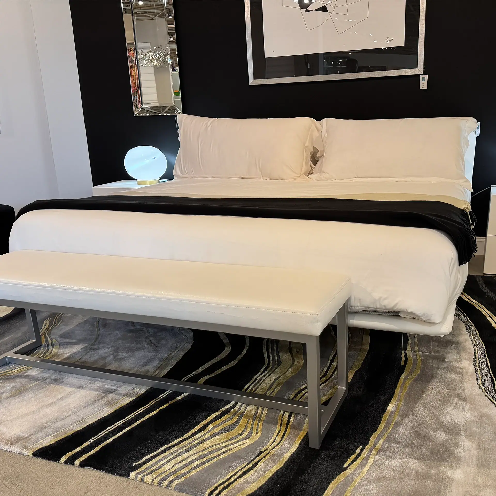 Modern bedroom with Pianca Filo Up Queen Bed and stylish decor.