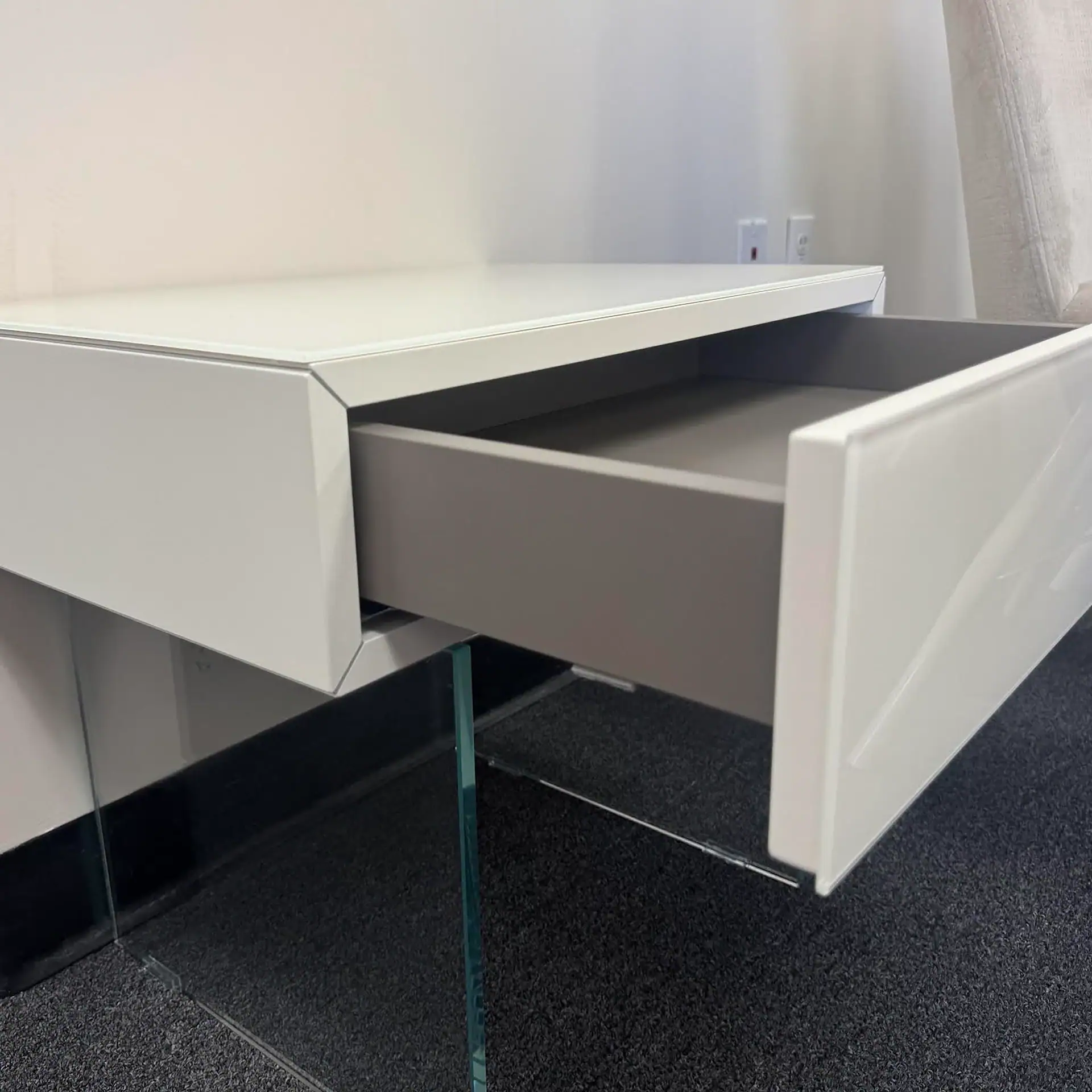 Lago 36e8 nightstand drawer open showing gray interior.
