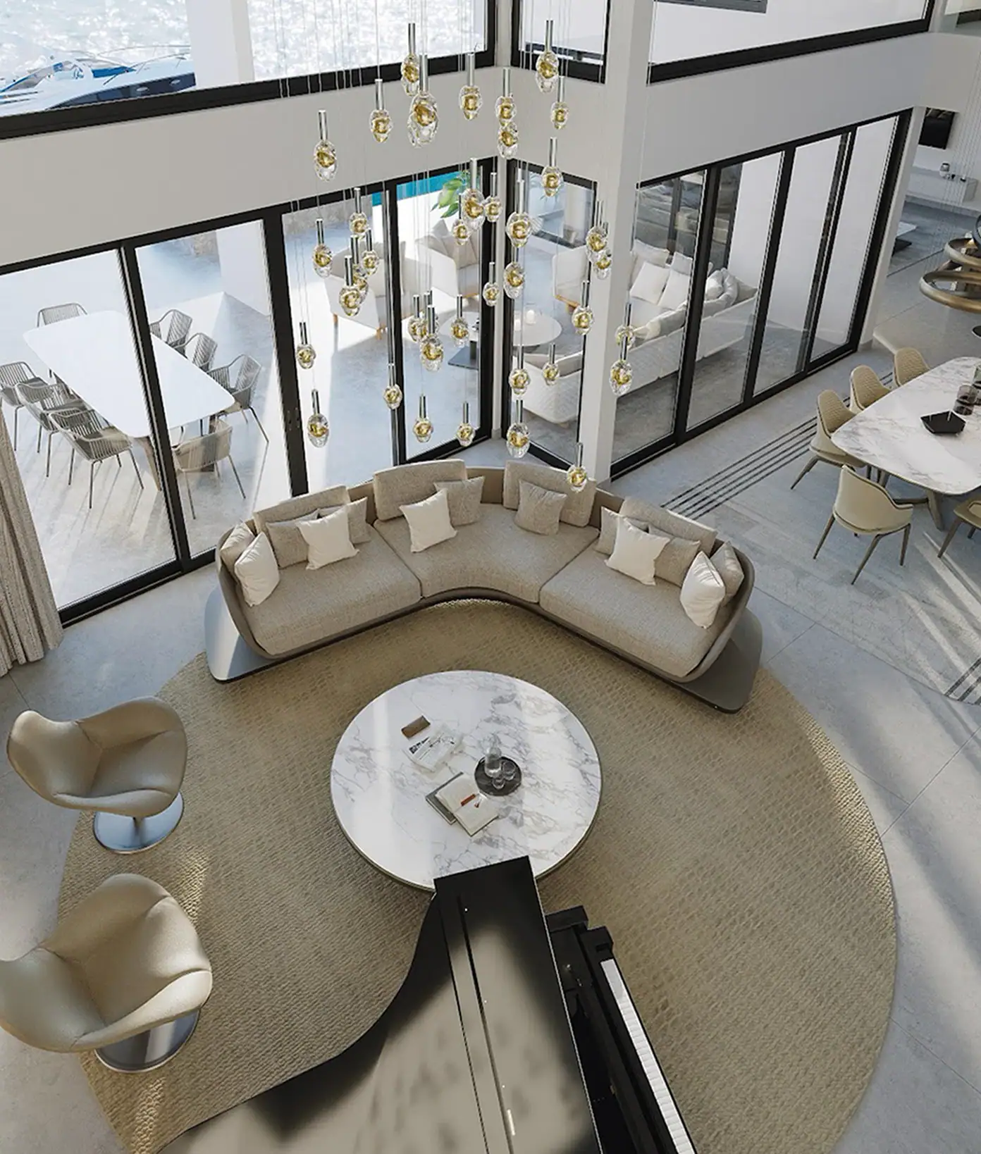 Contemporary living room with curved sofa and chandelier.