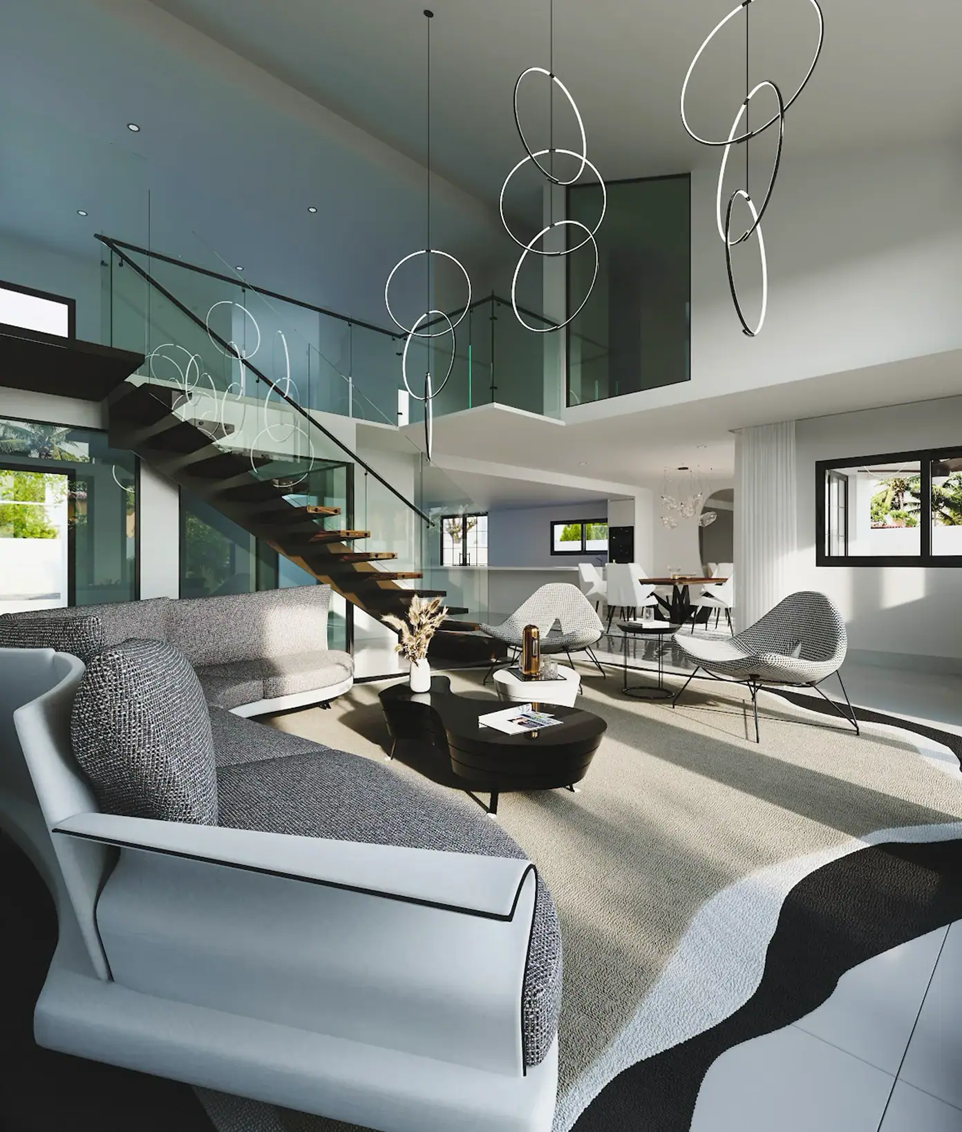 Modern living room with contemporary furniture and unique hanging light fixtures.