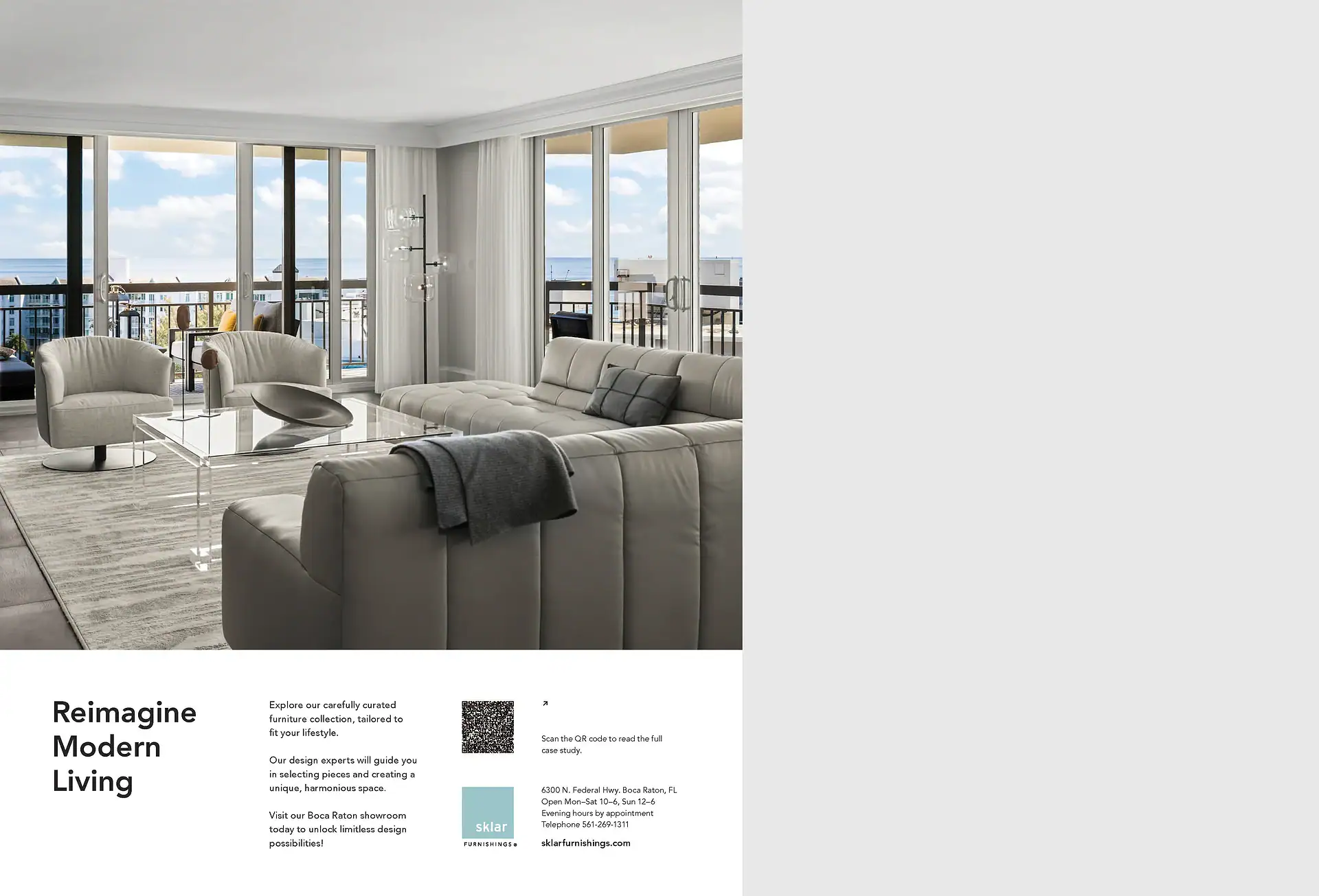 Modern living room with beige sofas and large windows overlooking the city.