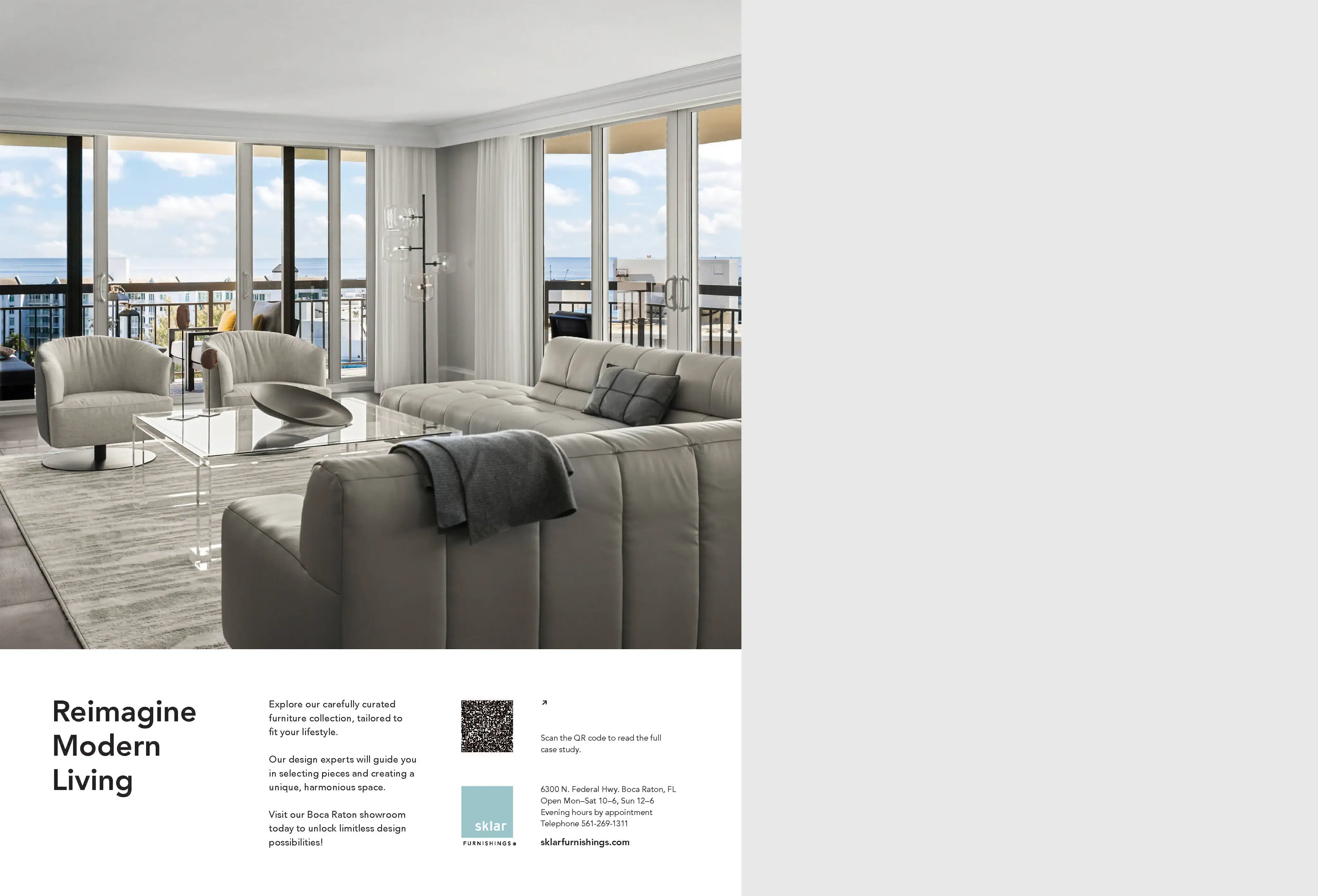 Modern living room with beige sofas and large windows overlooking the city.