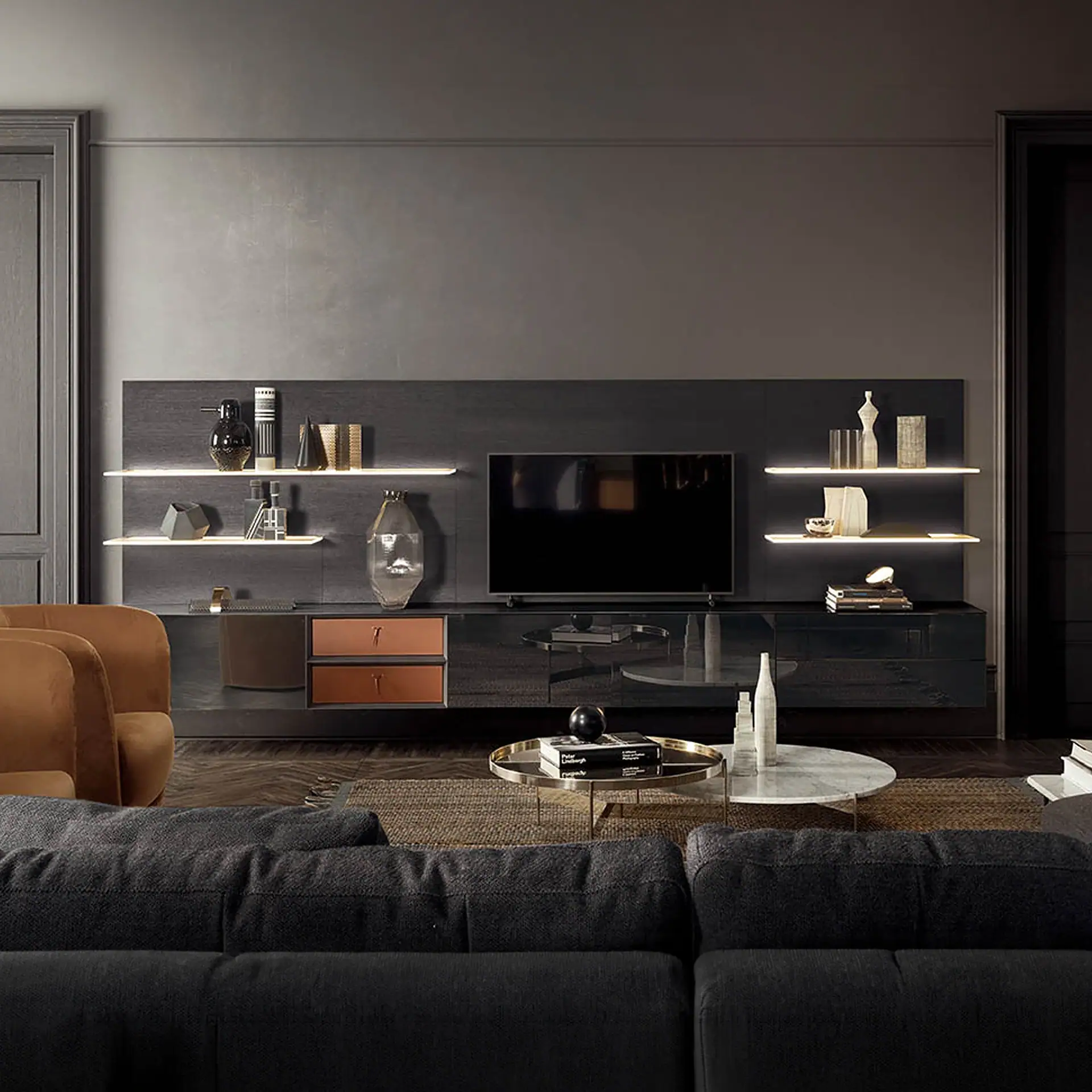 Sklar Furnishings Spazio Wall Unit with shelves and TV.