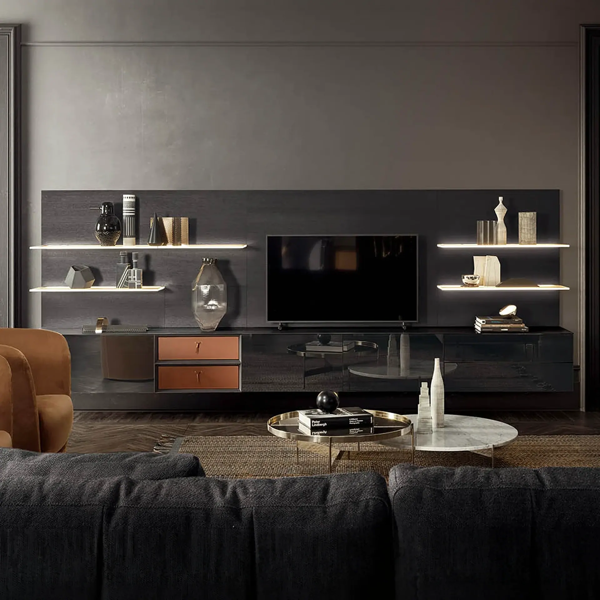 Sklar Furnishings Spazio Wall Unit with shelves and TV.
