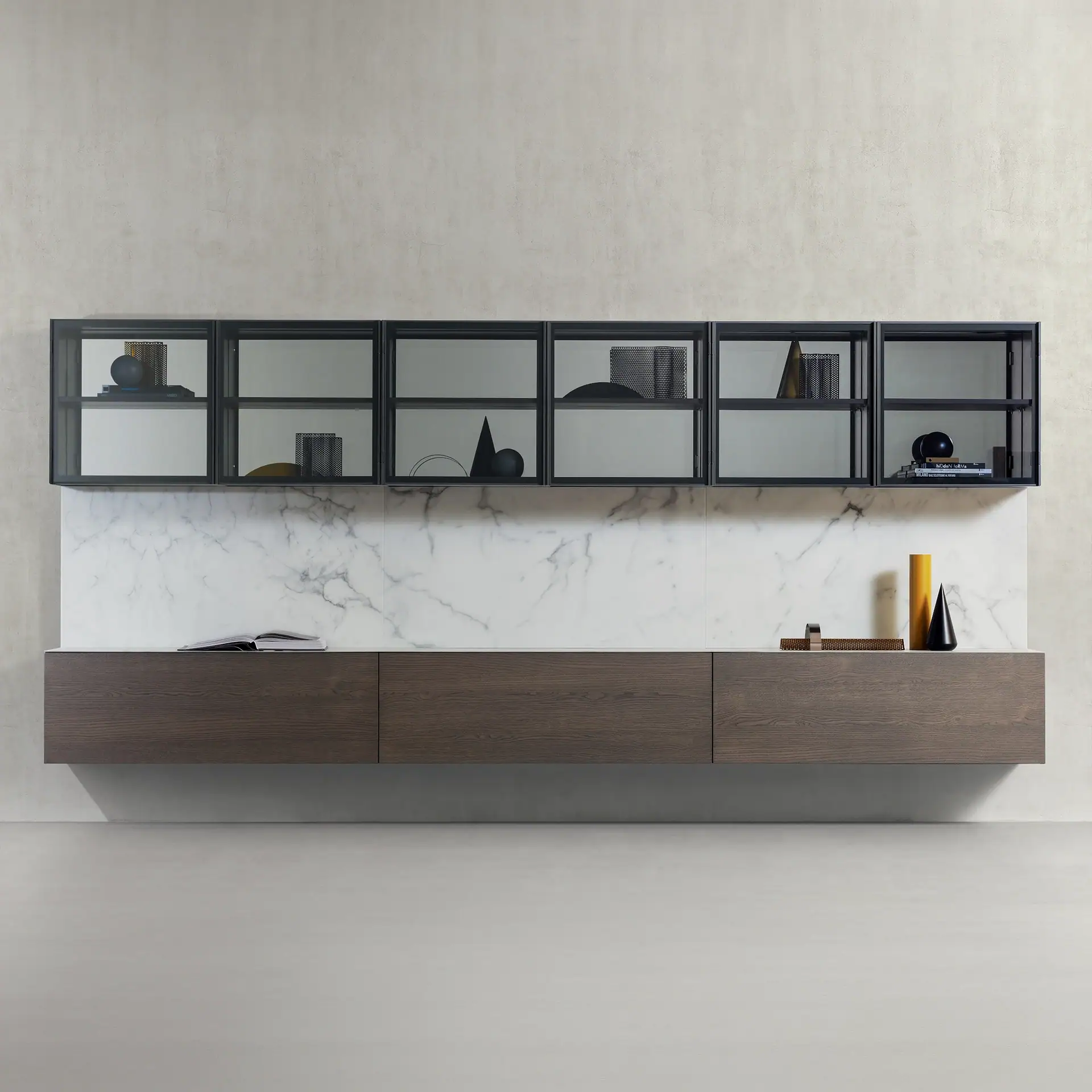 Sklar Furnishings Spazio Wall Unit with glass doors and wooden base.