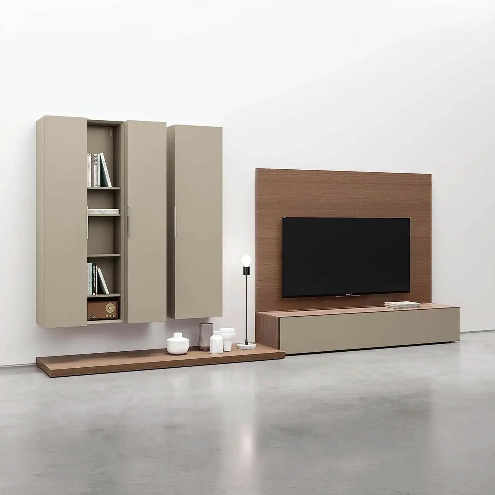 Sklar Furnishings Spazio wall unit with beige cabinets and wooden panel.