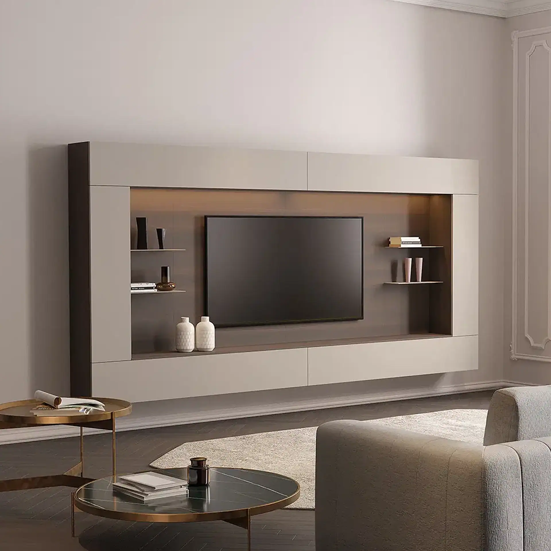 Sklar Furnishings Spazio Wall Unit with TV and shelves in modern living room.