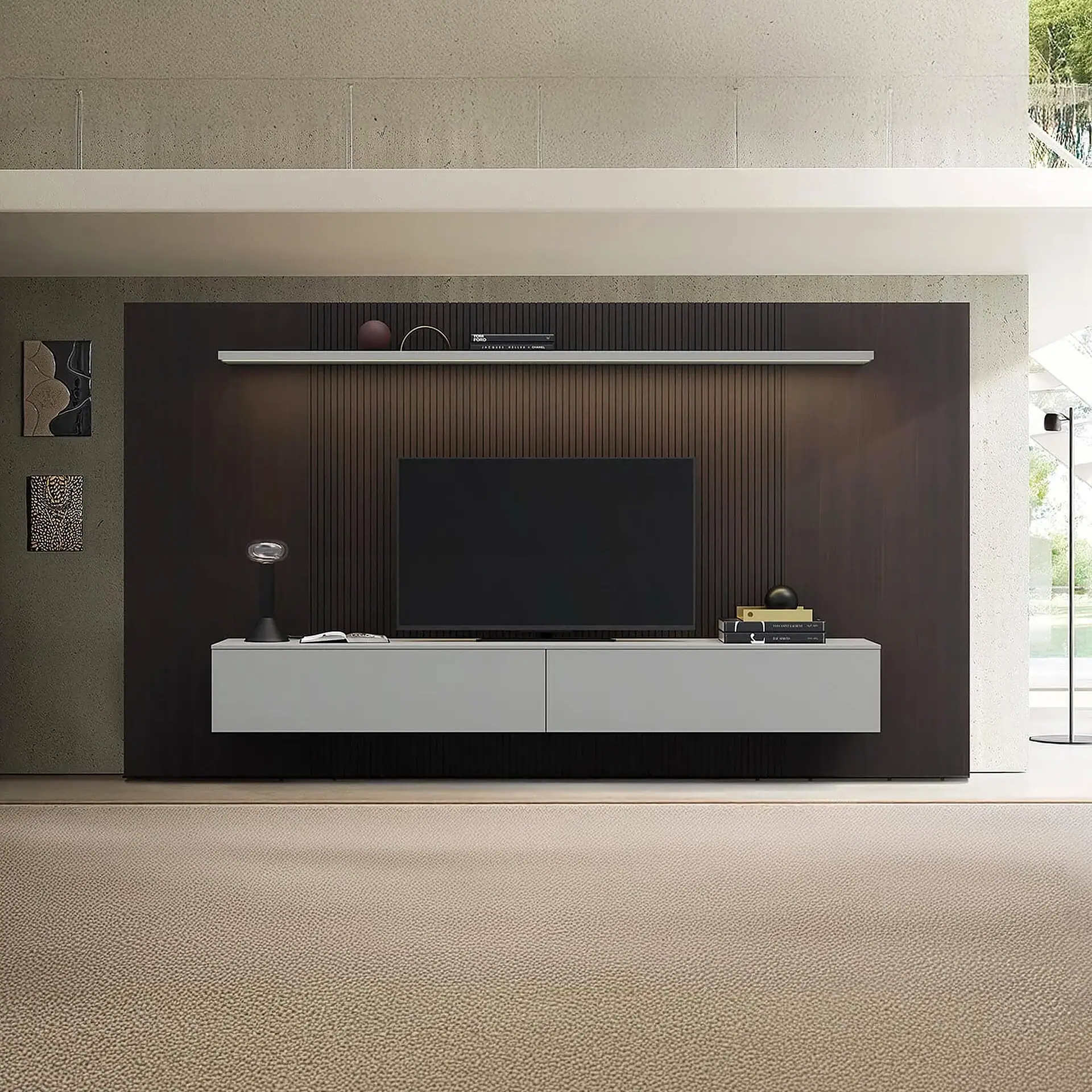Sklar Furnishings Spazio Wall Unit with TV and decor in modern room.