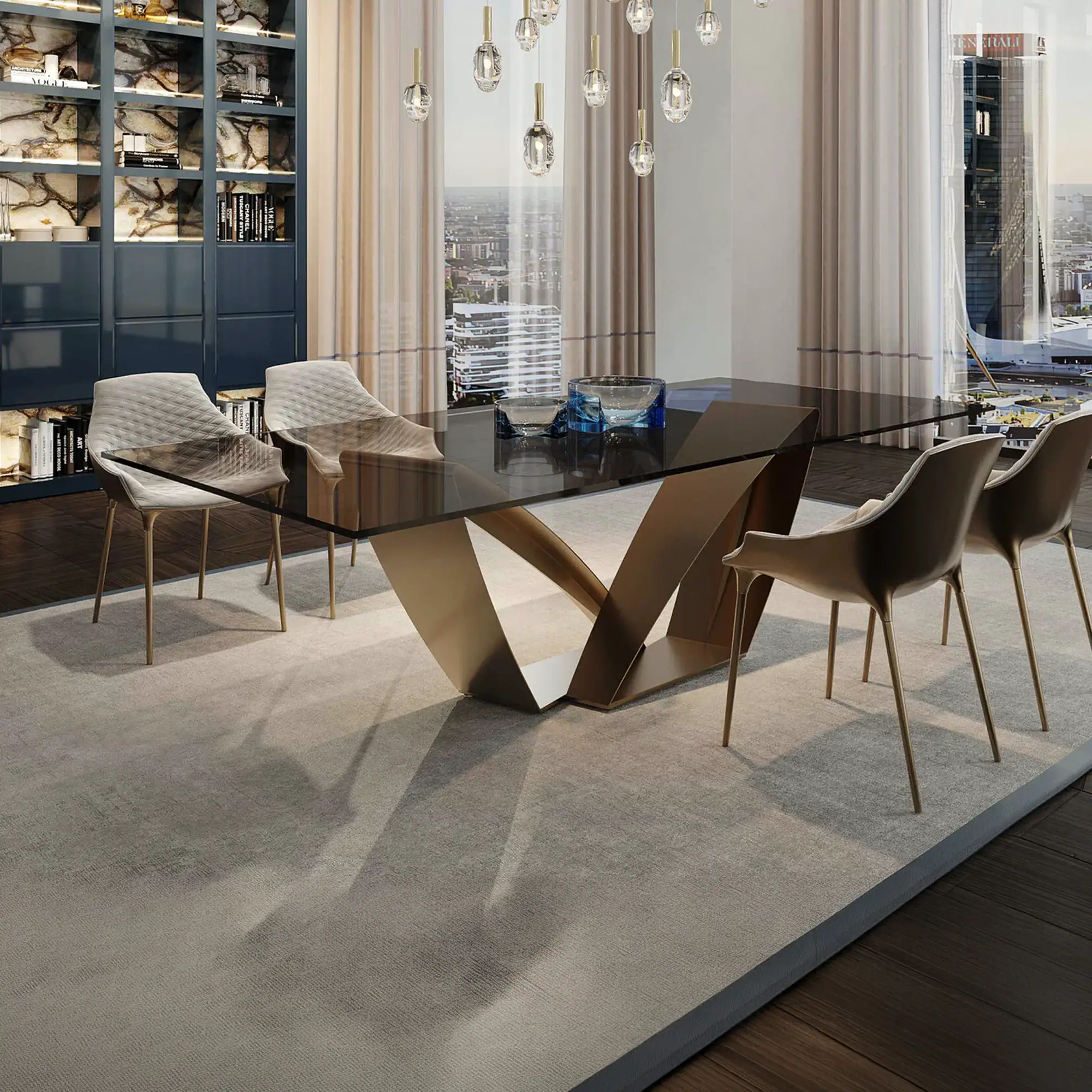 A luxurious modern dining room with a dark glass table, geometric gold base, six light-colored chairs, and a city skyline visible through large windows.