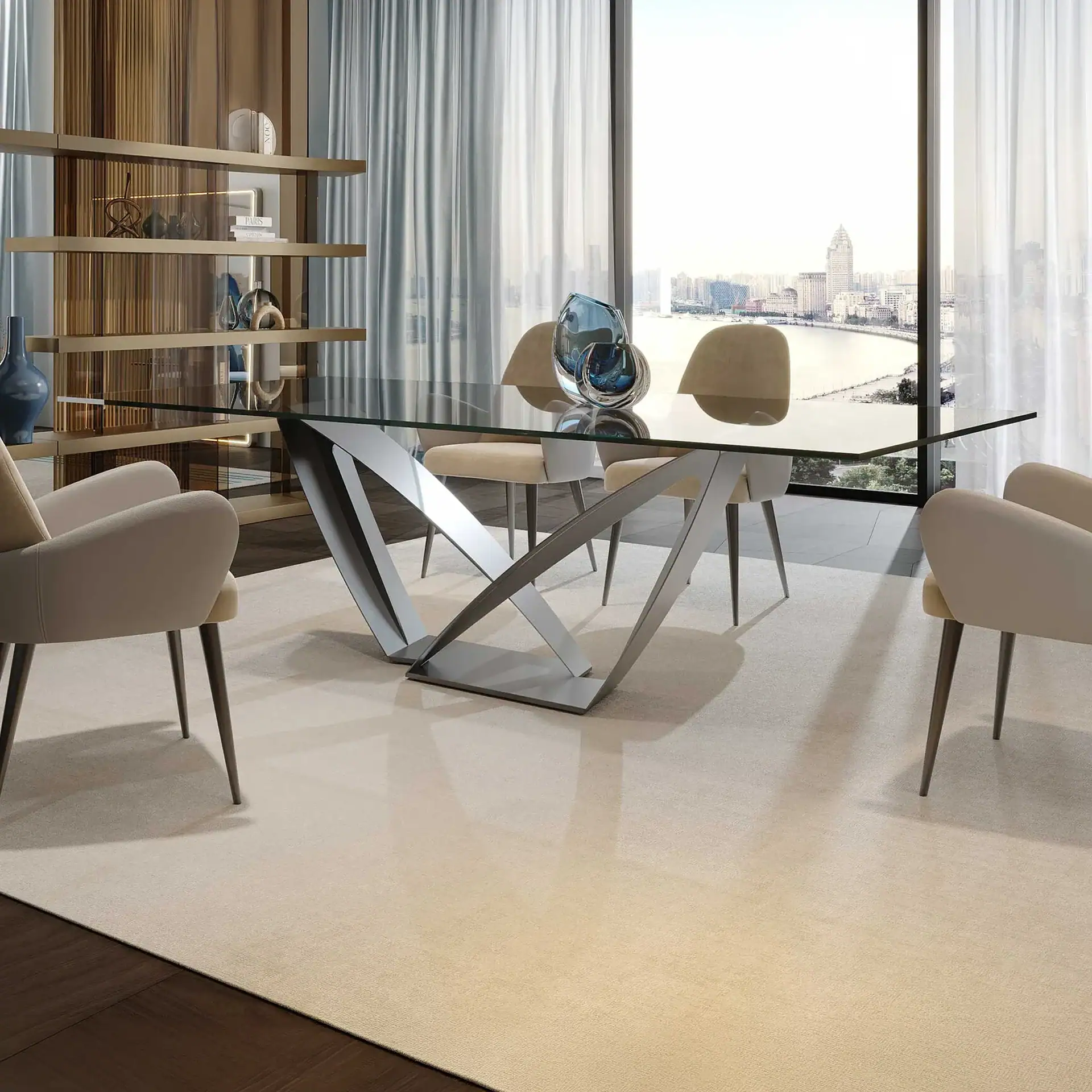 Modern dining room with a glass-top table, beige chairs, decorative shelves, and a large window overlooking a city skyline.