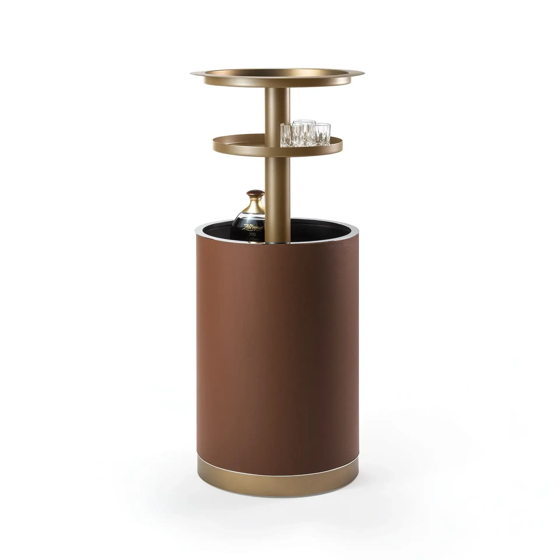 Sklar Furnishings bar cart with two tiers and a brown cylindrical base.
