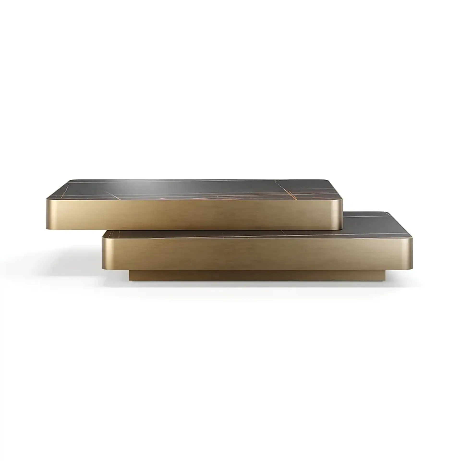 A modern two-tier rectangular coffee table with dark marble tops and a brushed gold base, set against a white background.