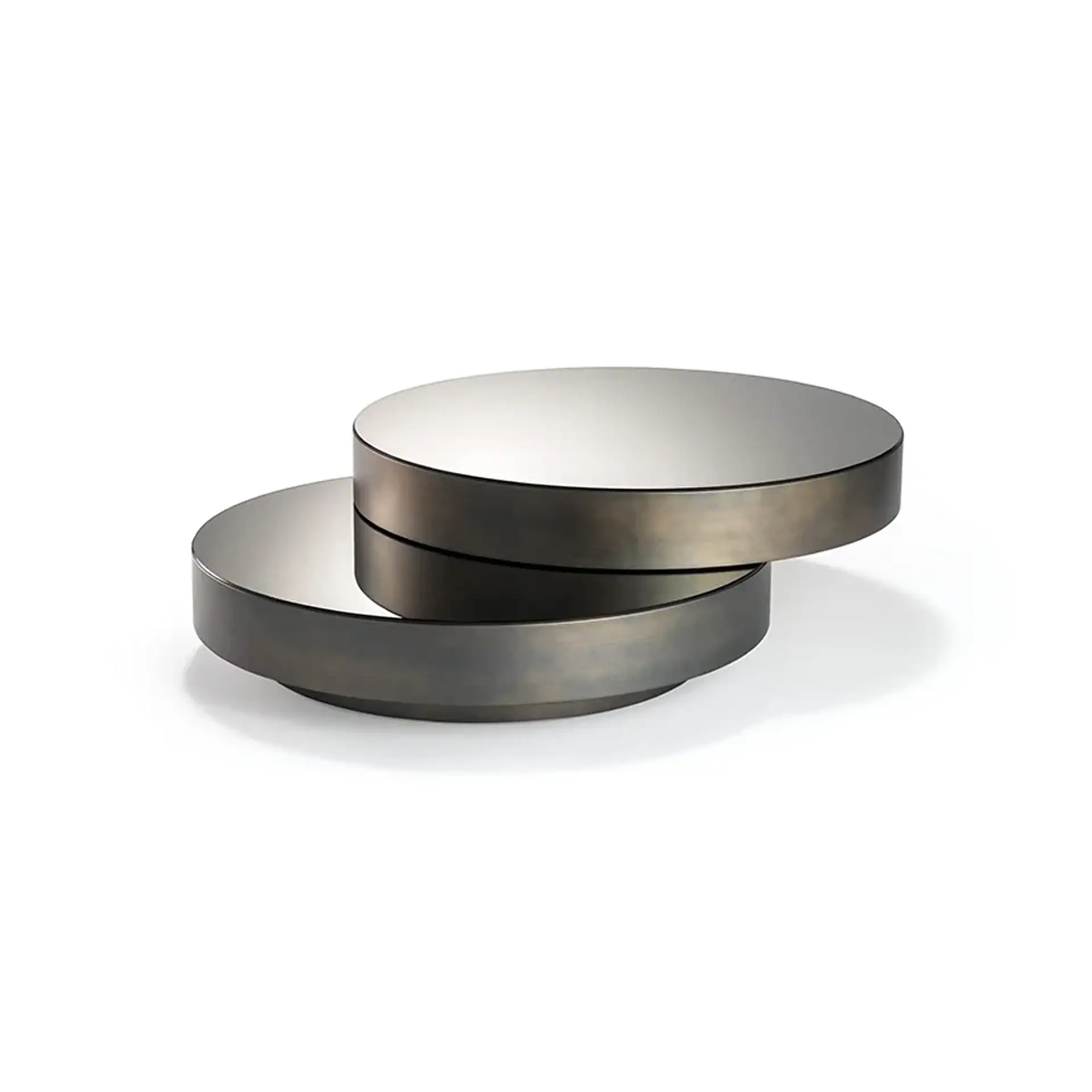 Two stacked circular metallic trays with reflective tops on a white background.