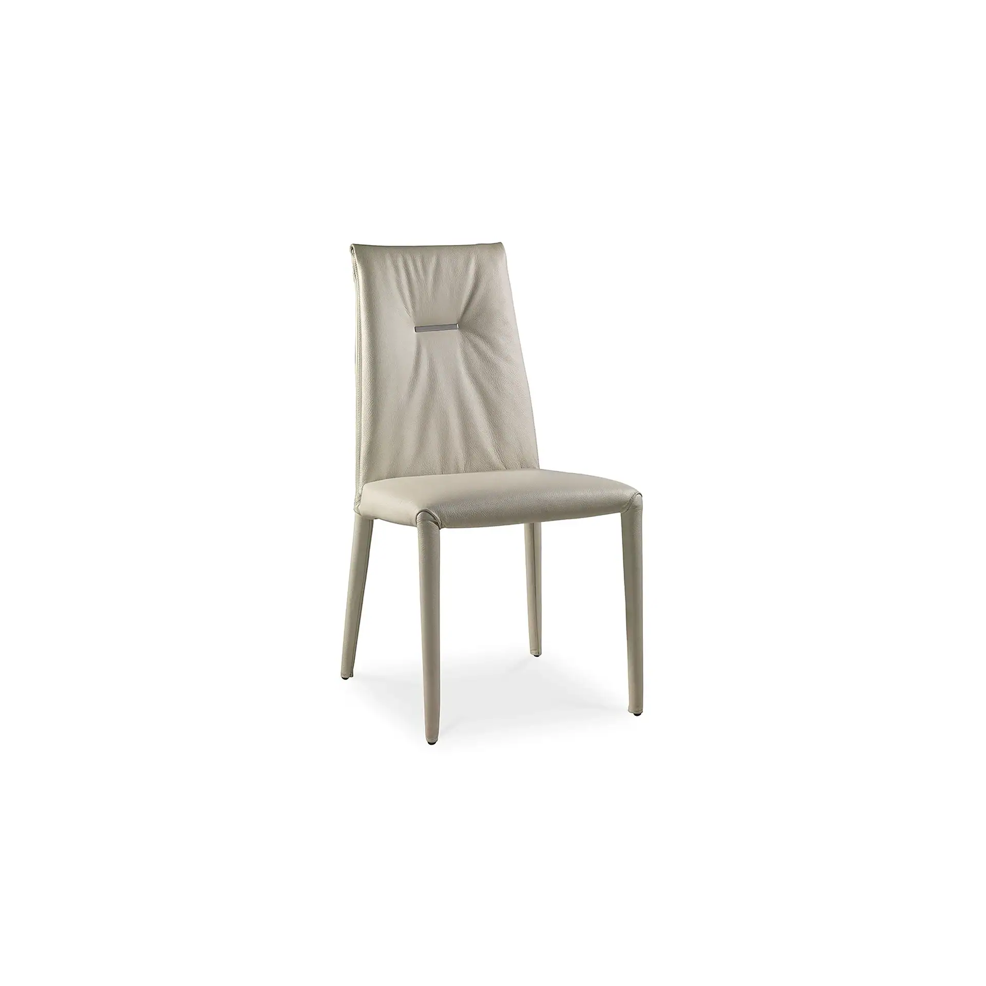 Light beige upholstered dining chair with a high back and a silver metal accent on the backrest.