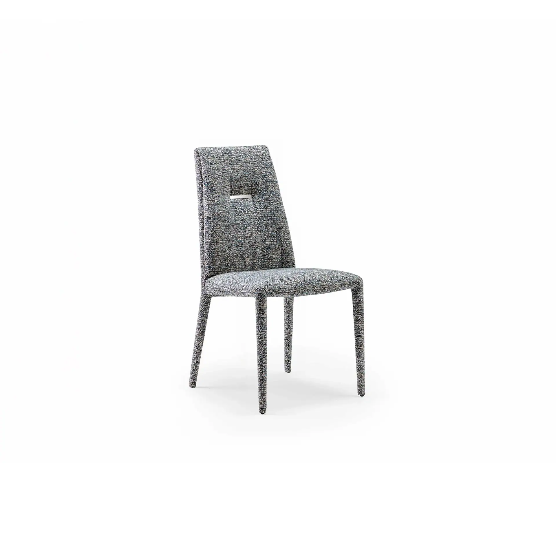 A modern dining chair upholstered in speckled grey and blue fabric, featuring a high backrest with a metallic handle cutout, against a white background.