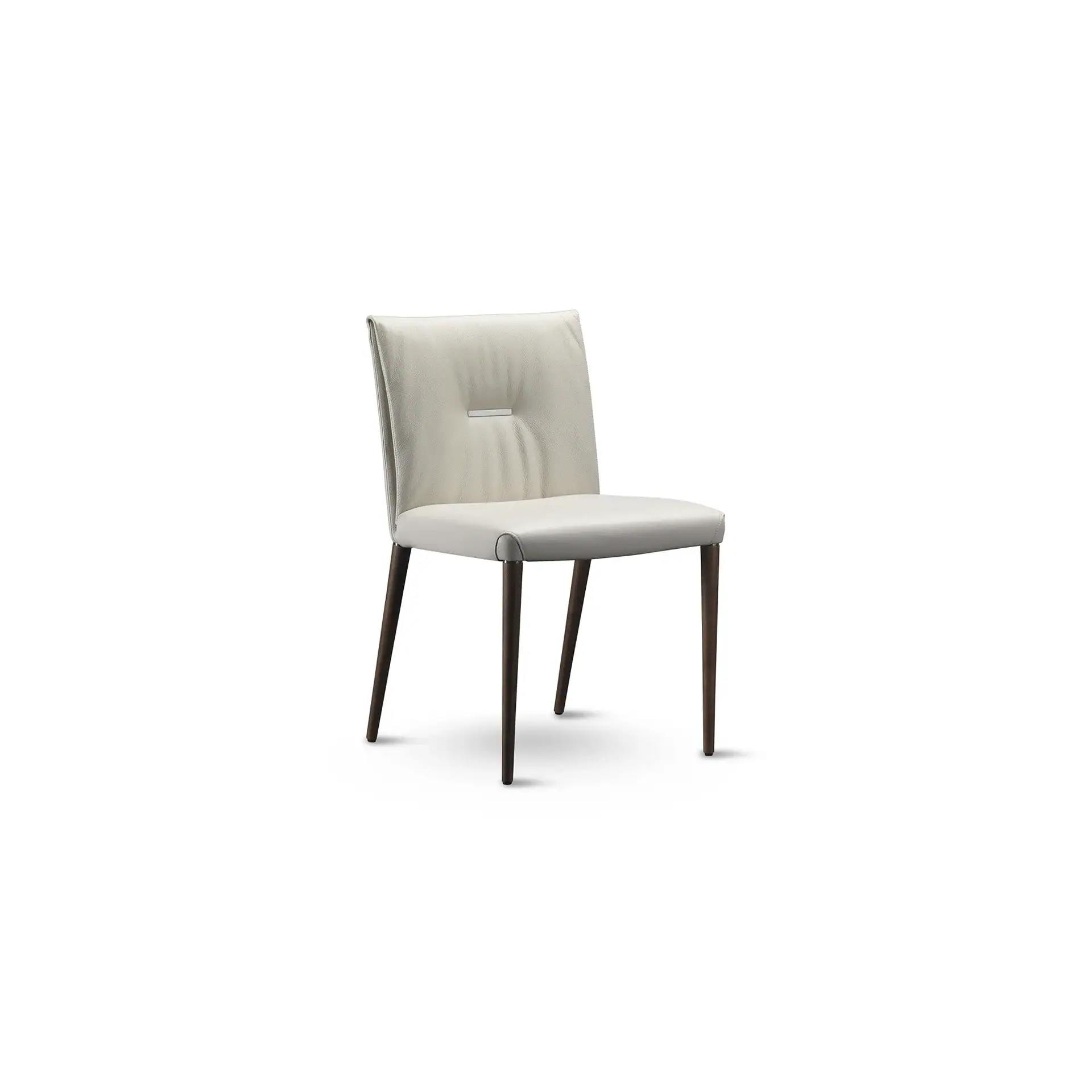 A modern cream-colored upholstered dining chair with dark brown tapered legs on a white background.