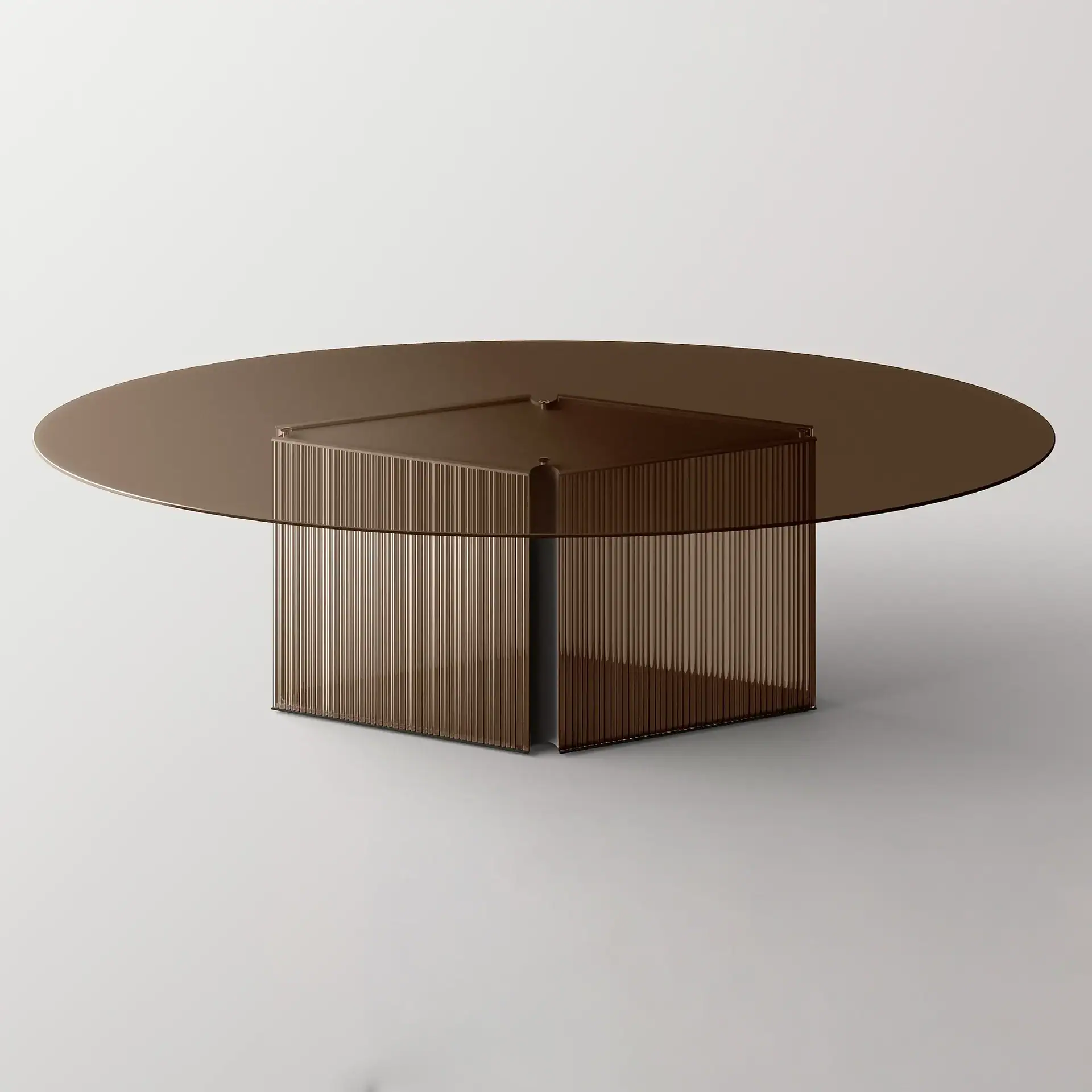 Sklar Furnishings Bow Dining Table with glass top and metal base.