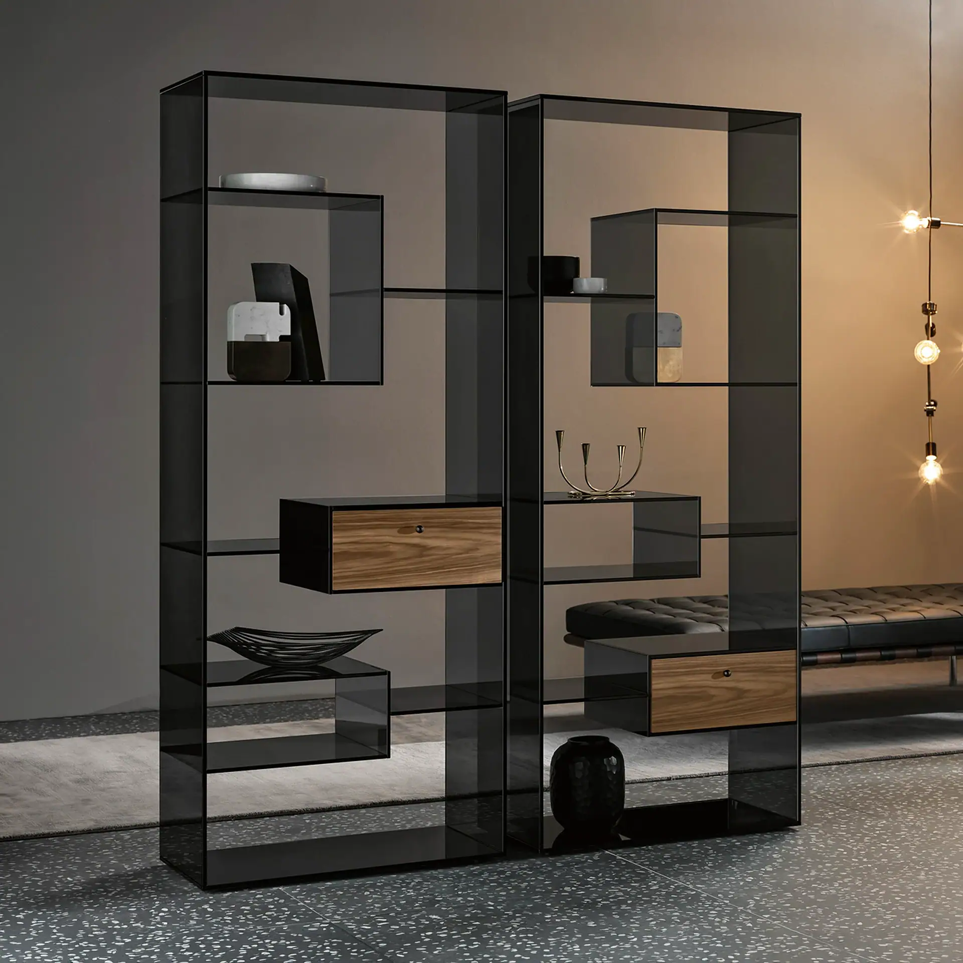 Sklar Furnishings modern black metal and wood bookcase with open shelves.