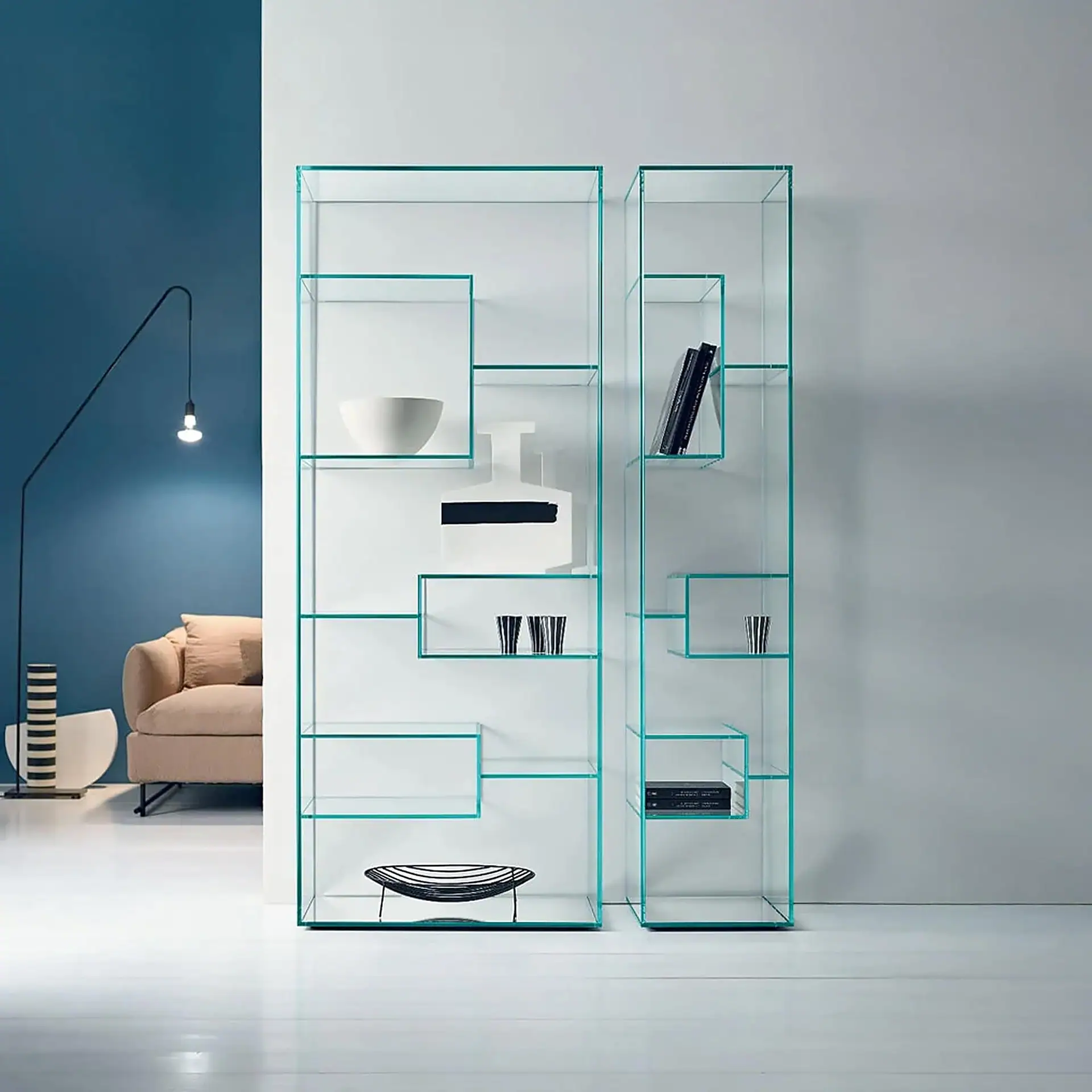 Sklar Furnishings modern bookcase with geometric design in a minimalist room.