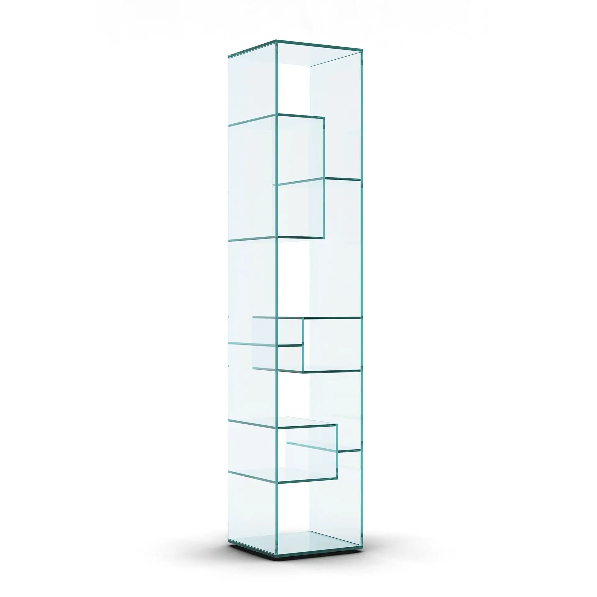 Sklar Furnishings glass display cabinet with multiple shelves and compartments.