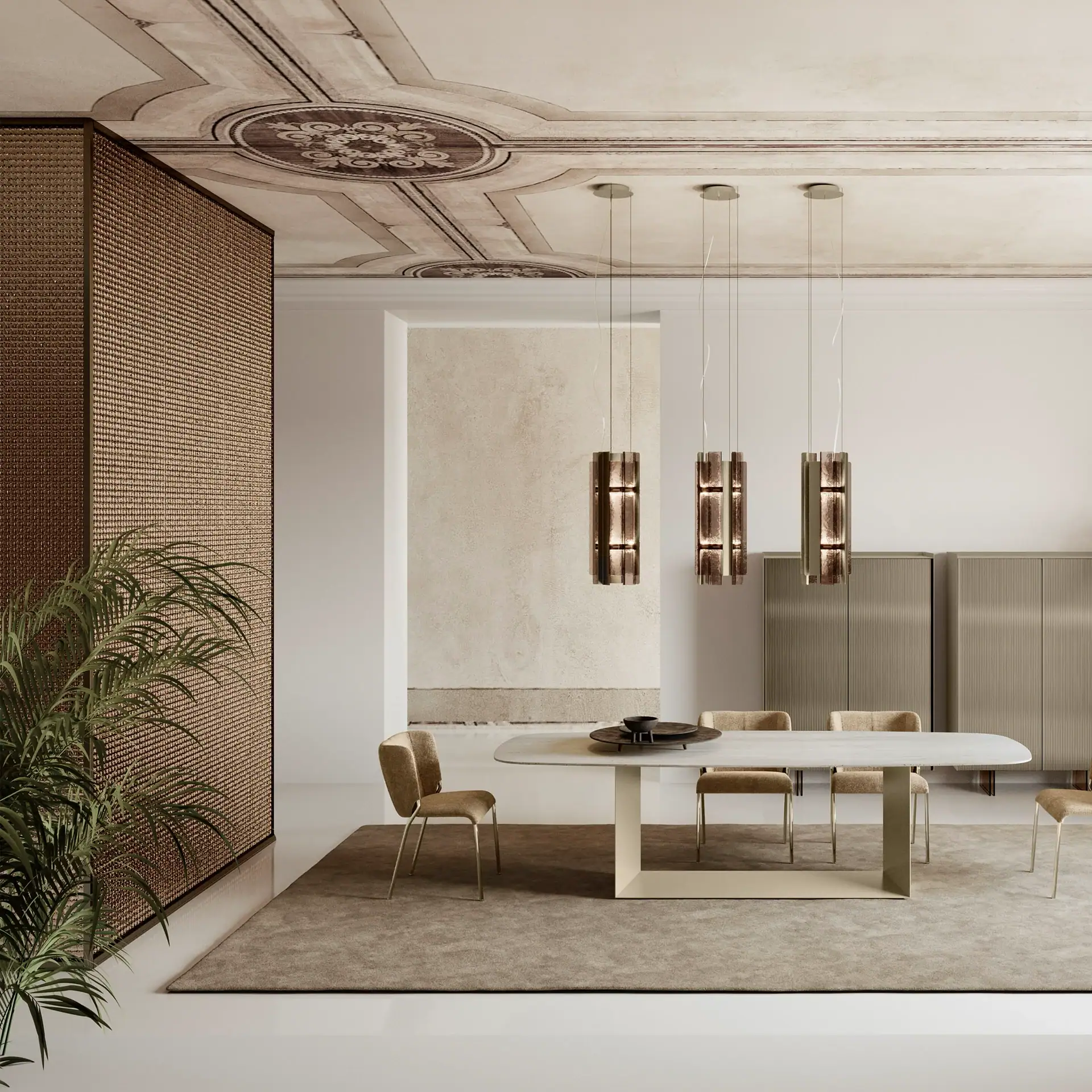 Elegant dining room with pendant lighting and minimalist decor.