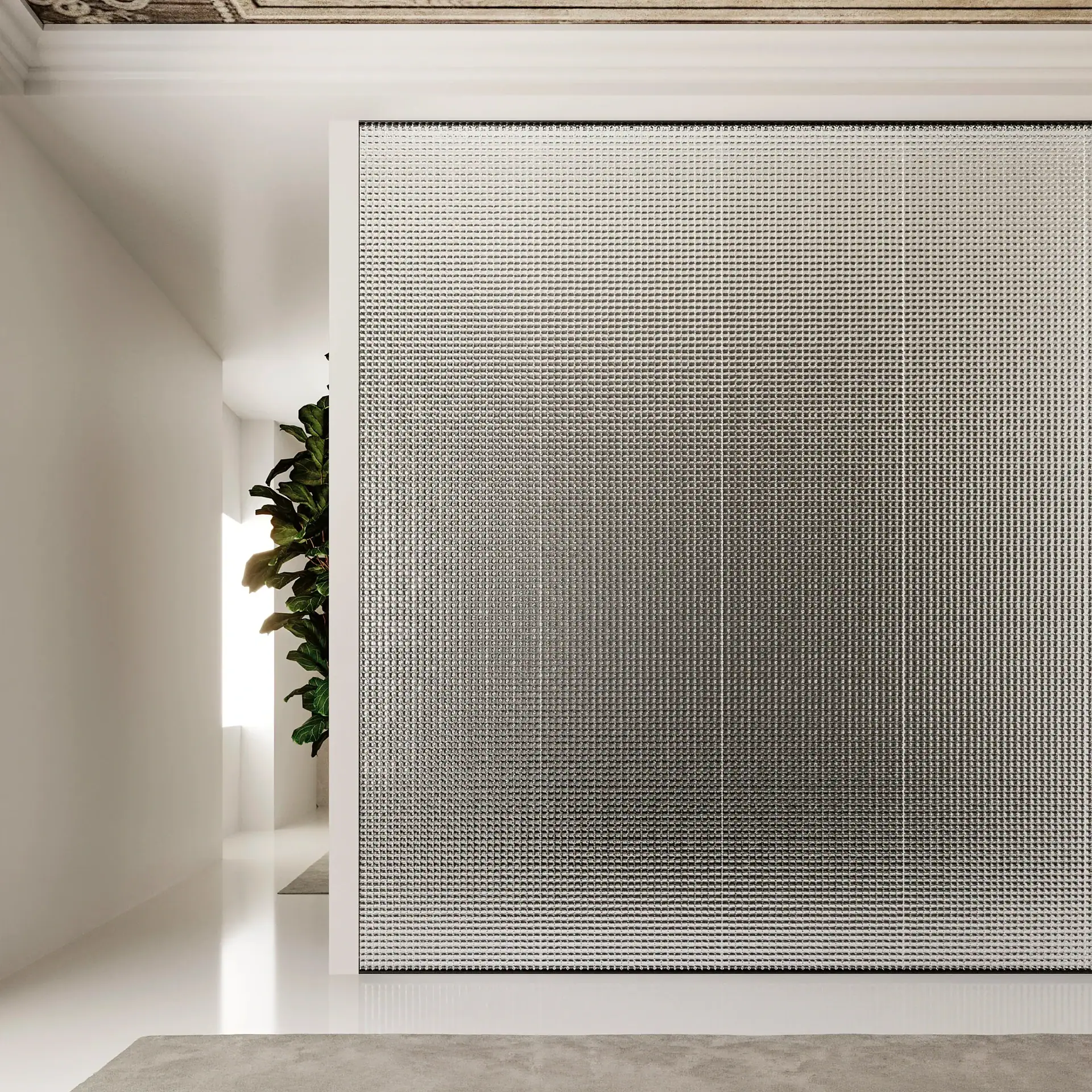 A large, textured glass panel with a grid pattern, framed in white, divides a bright, modern interior space. A white hallway with a large green plant is visible to the left, and a grey rug is on the white floor.