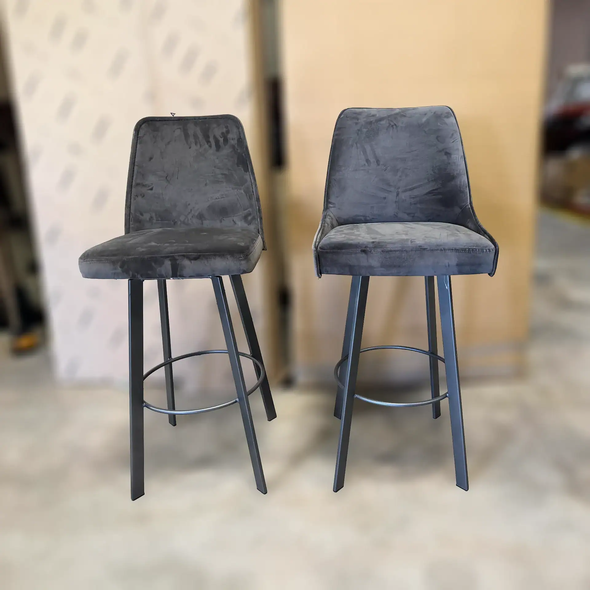 Sklar Furnishings Sofia & Olivia bar stools set of 2 in gray fabric.