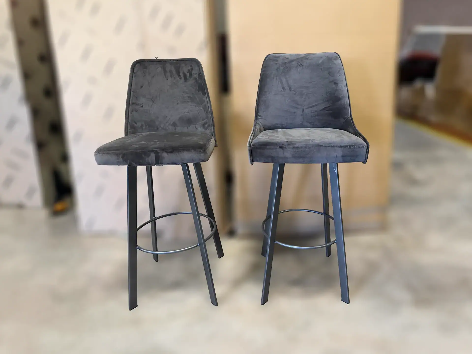 Sklar Furnishings Sofia & Olivia bar stools with velvet upholstery.