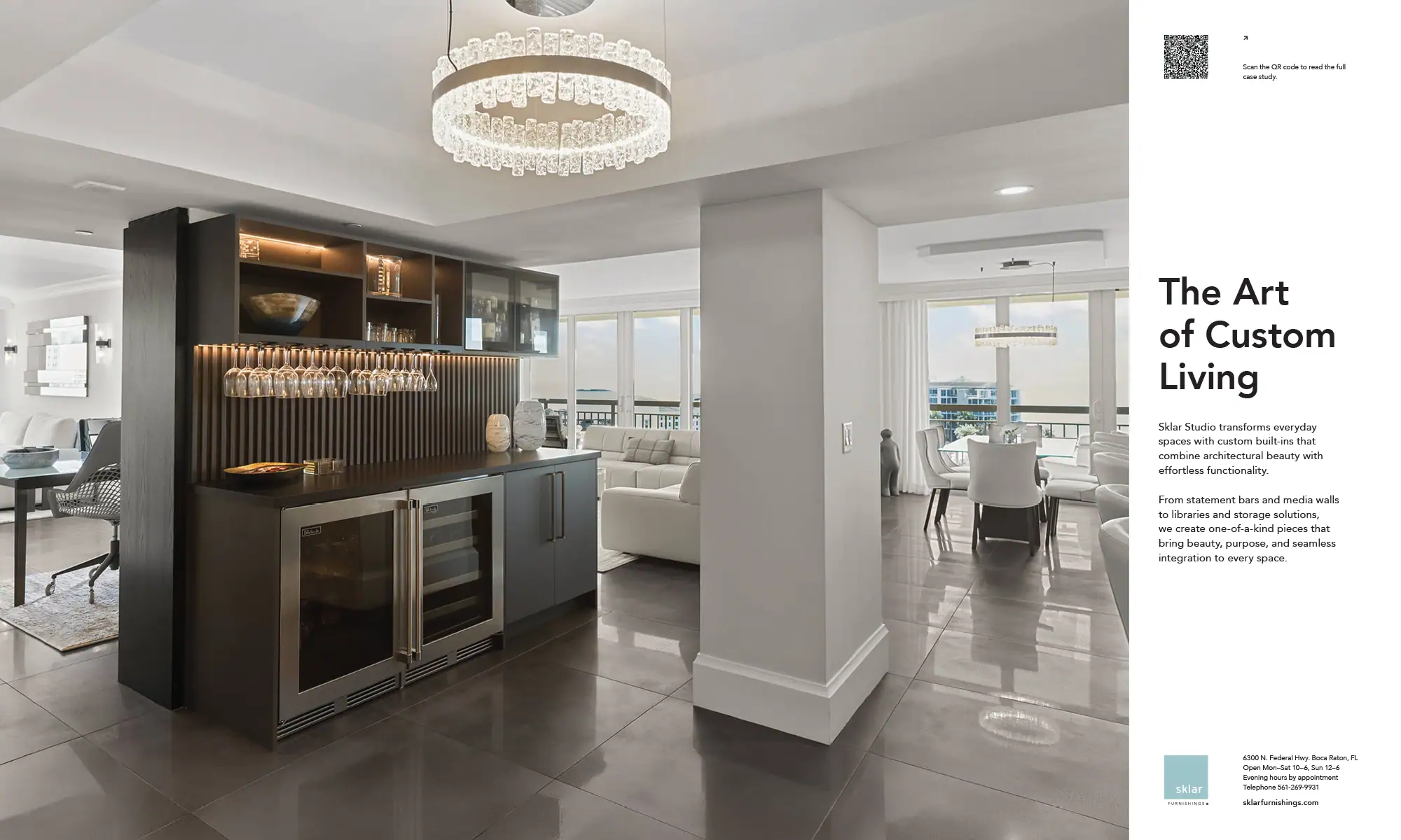 A luxurious, modern open-concept living space featuring a custom dark wood bar with beverage refrigerators, a living area, and a dining area, all under a crystal chandelier.
