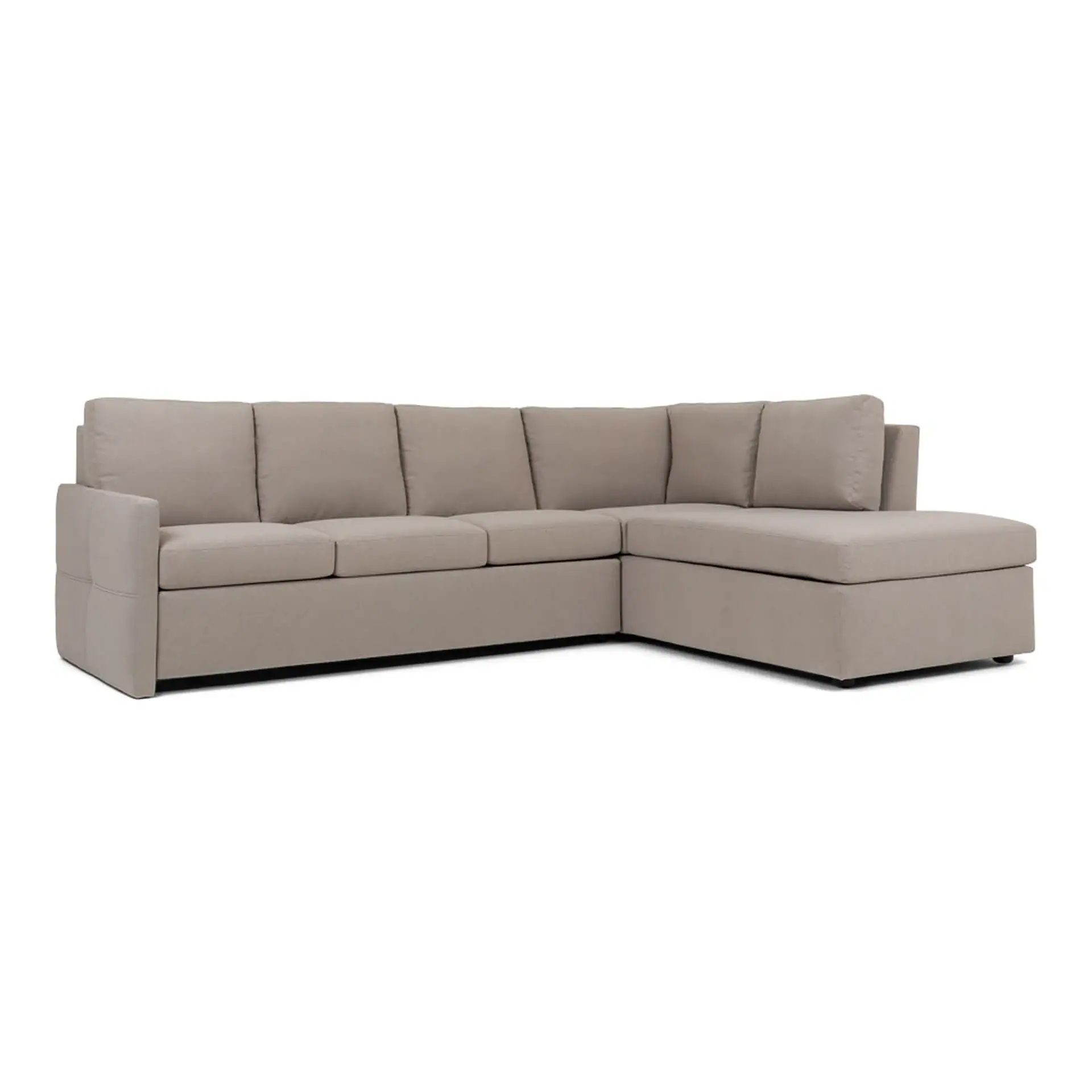 Light beige L-shaped sectional sofa with wide armrests and clean lines on a white background.