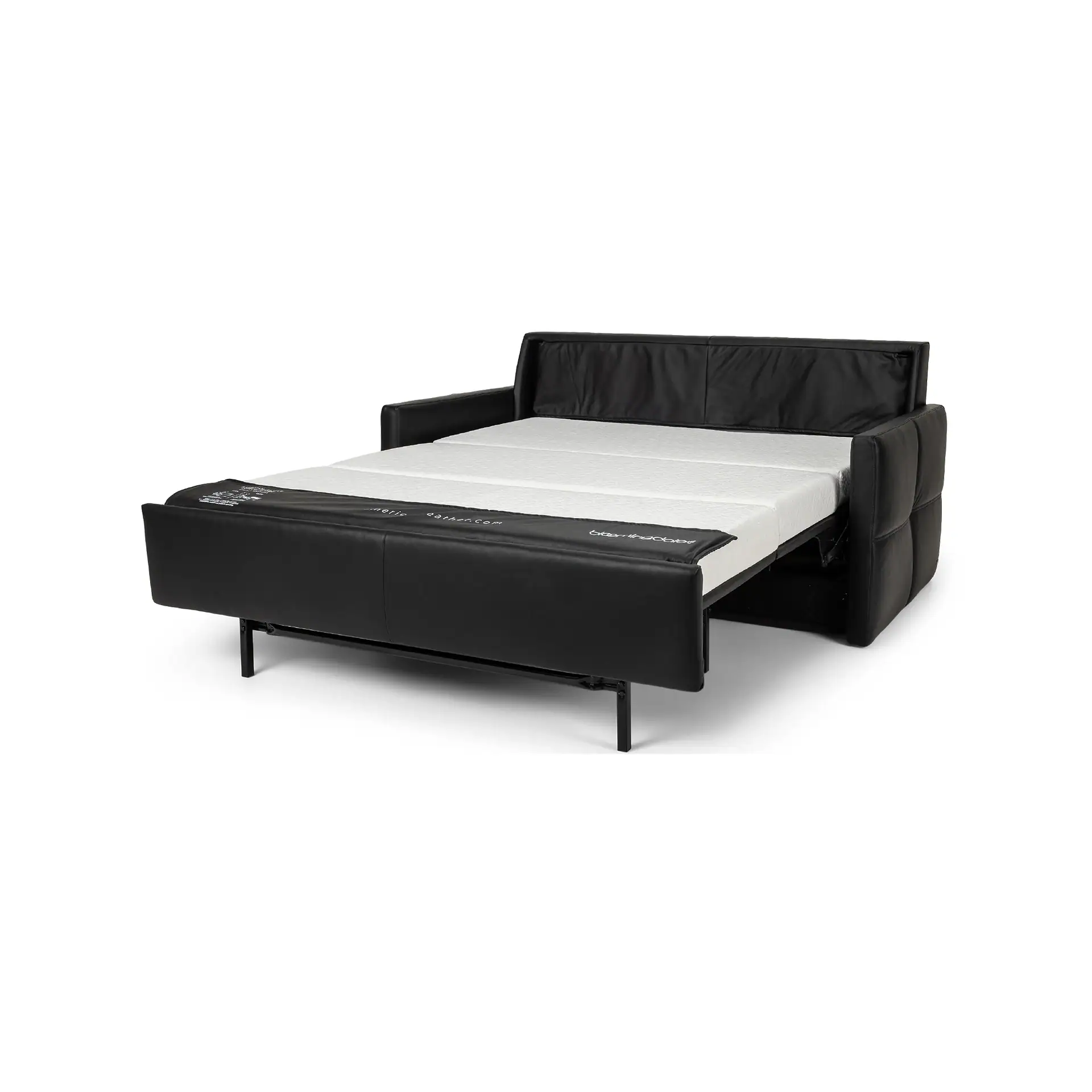 A black leather sofa bed is fully extended, showcasing a white mattress and black metal frame against a white background.