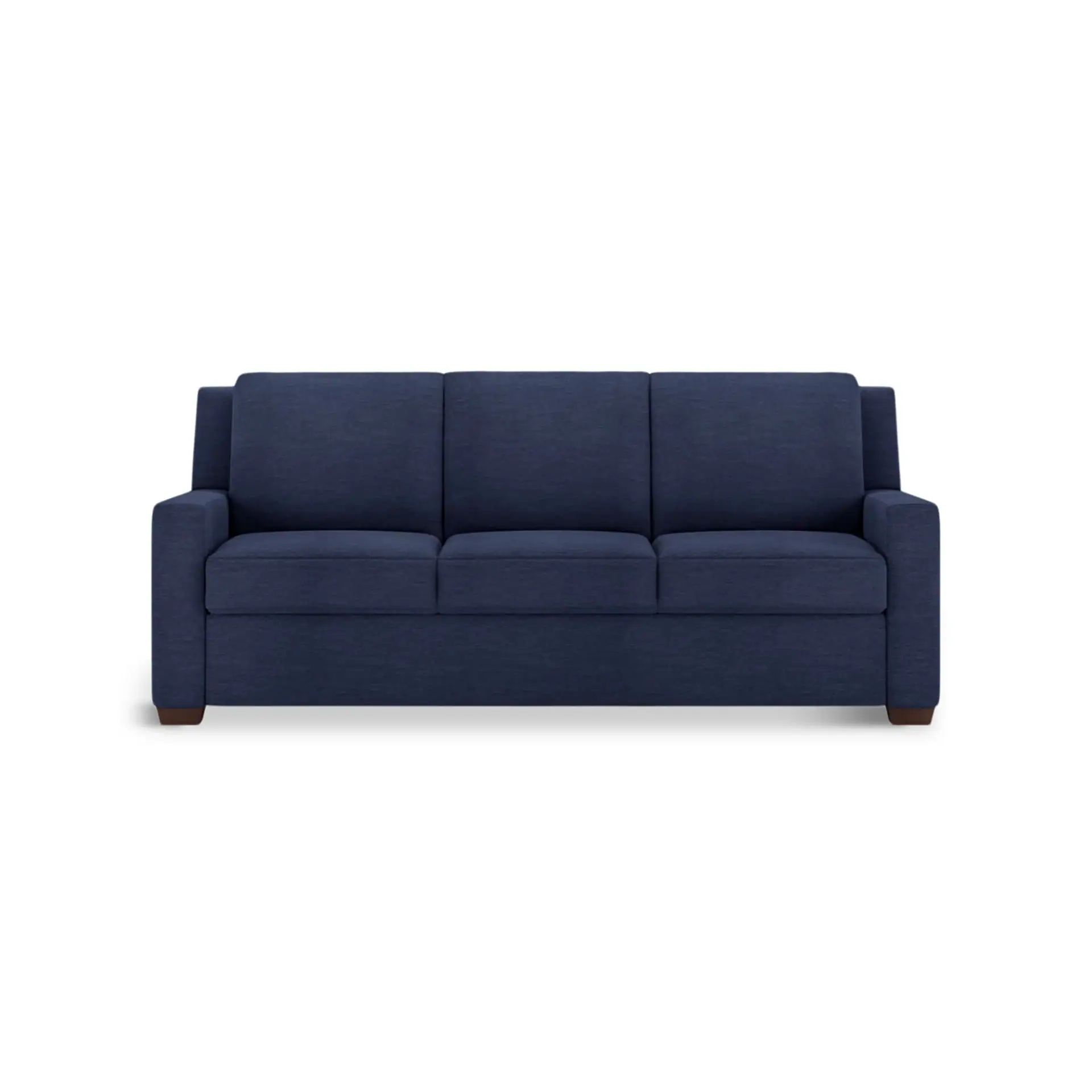 A dark blue three-seater sofa with three back cushions and three seat cushions, featuring straight armrests and dark wooden feet, against a white background.