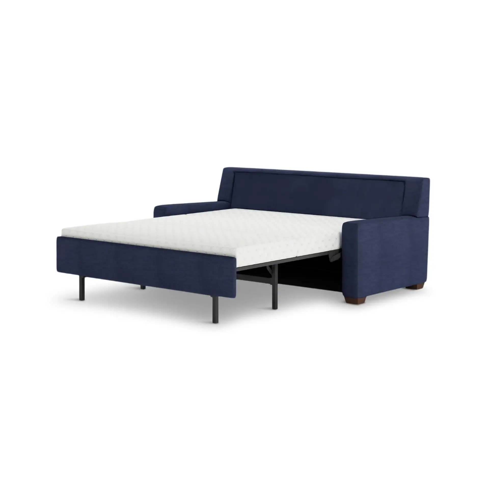A dark blue sofa bed, partially extended to show a white mattress on a black metal frame, against a white background.