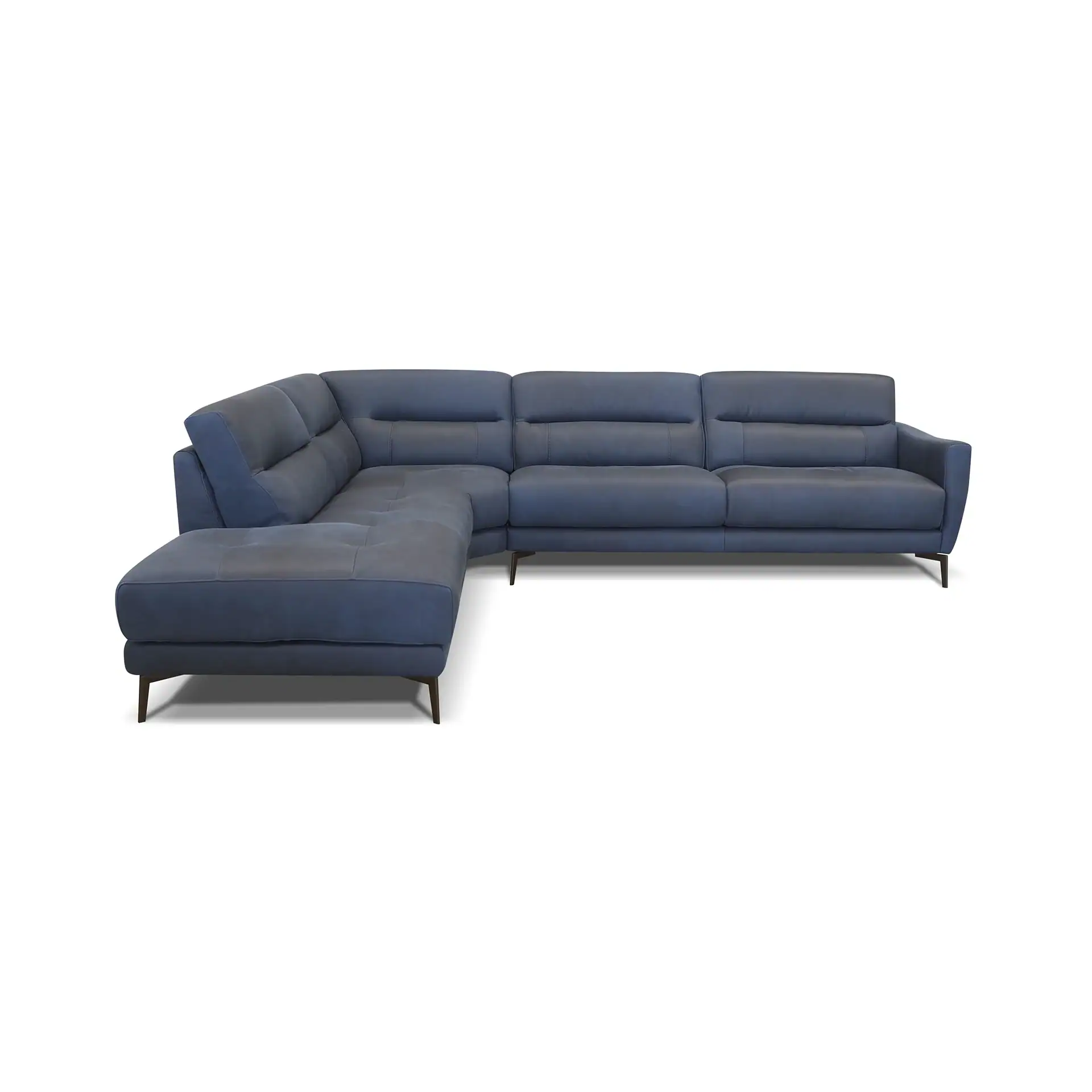 A large, modern L-shaped sectional sofa in deep blue with dark, angled legs against a white background.