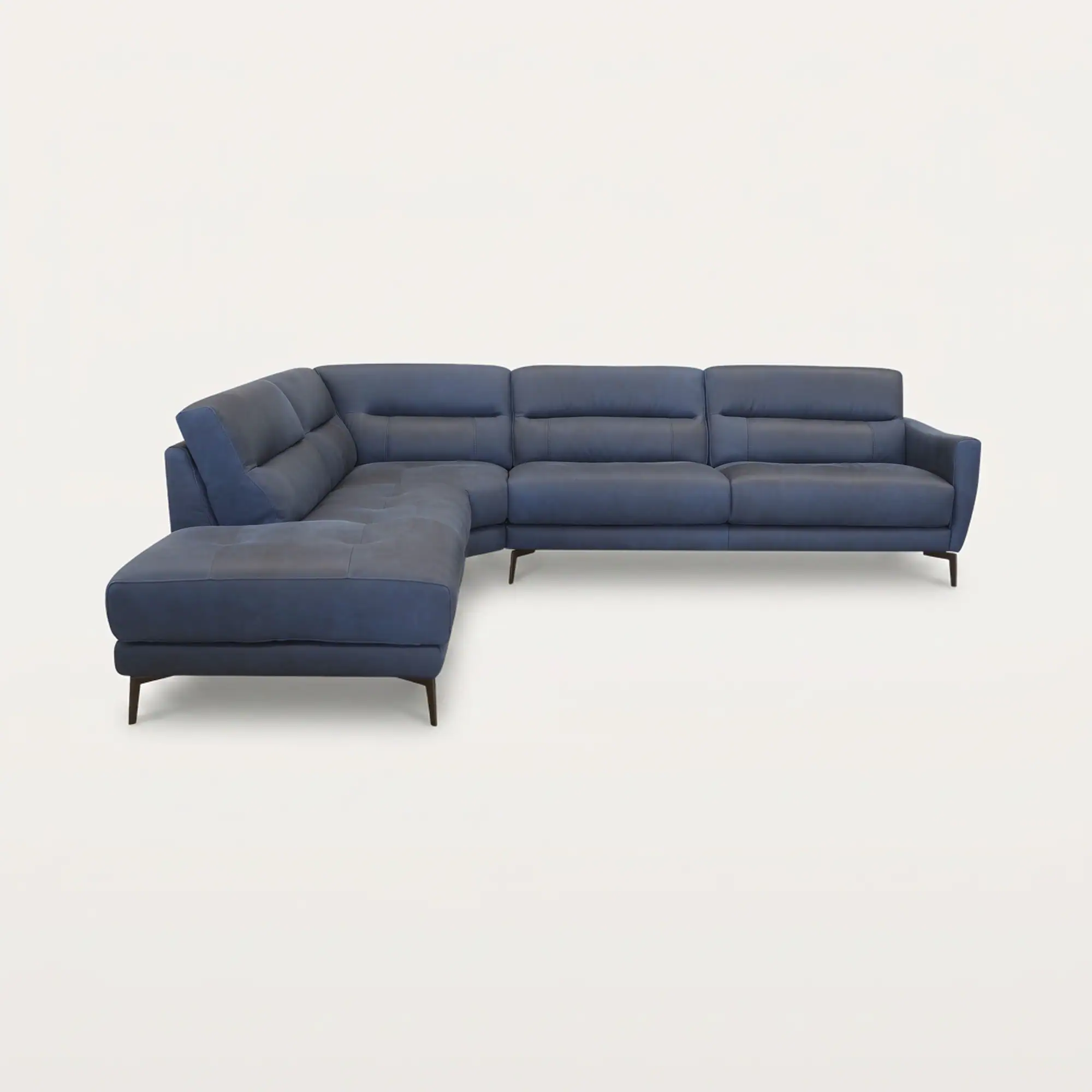 A large, modern L-shaped sectional sofa in deep blue with dark, angled legs against a white background.