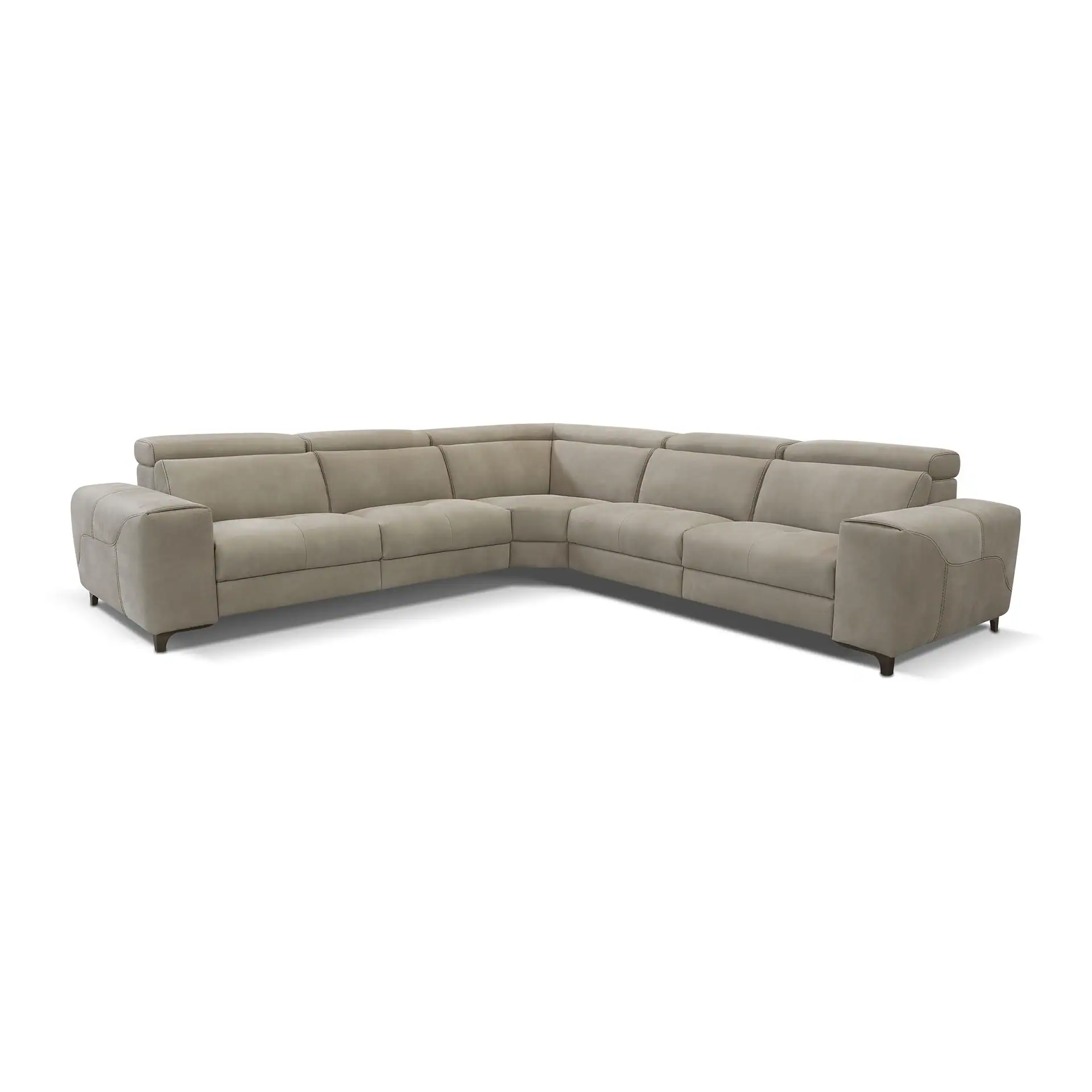 A light taupe L-shaped sectional sofa with visible stitching and dark legs on a white background.