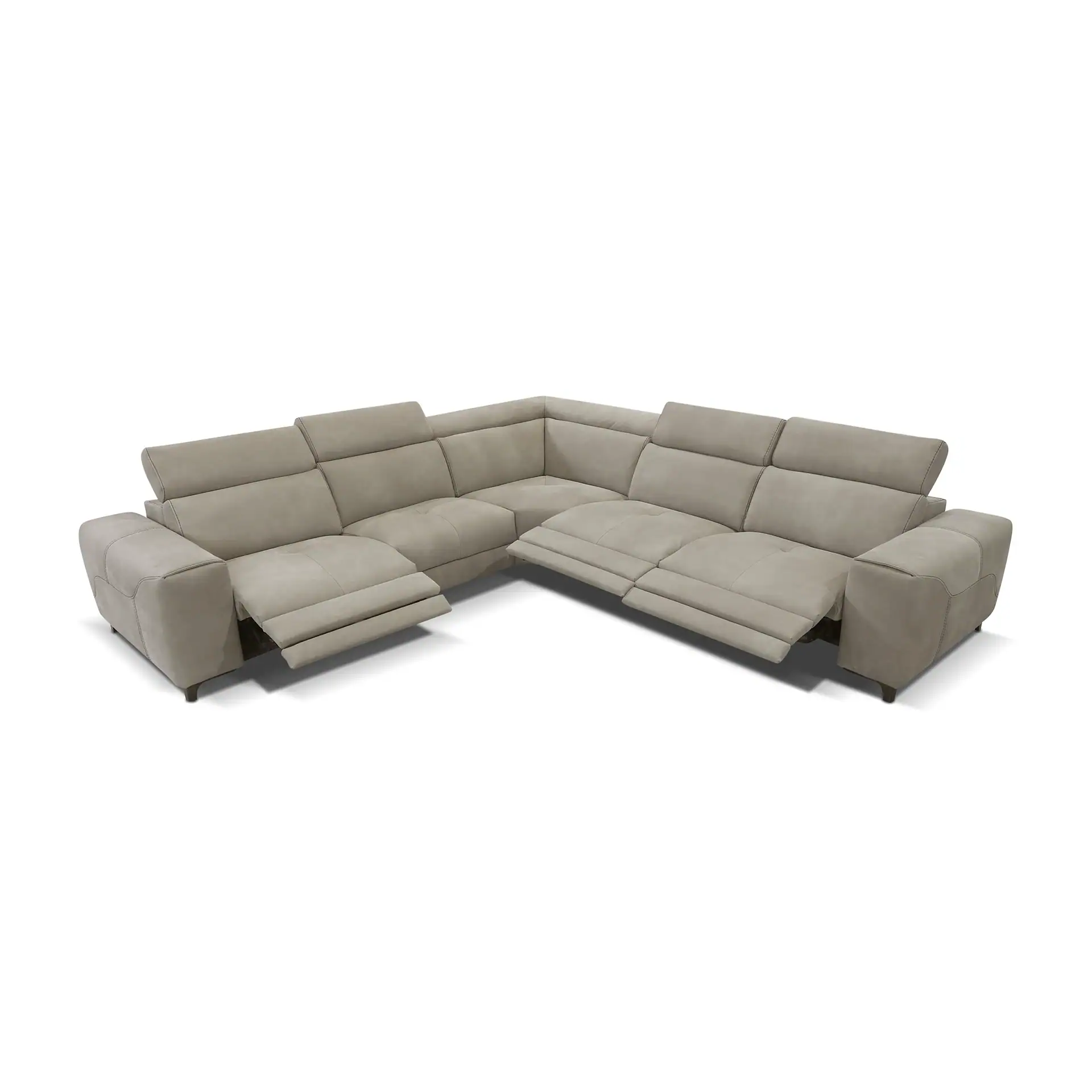 A light beige L-shaped sectional sofa with two reclining seats and adjustable headrests, shown on a white background.