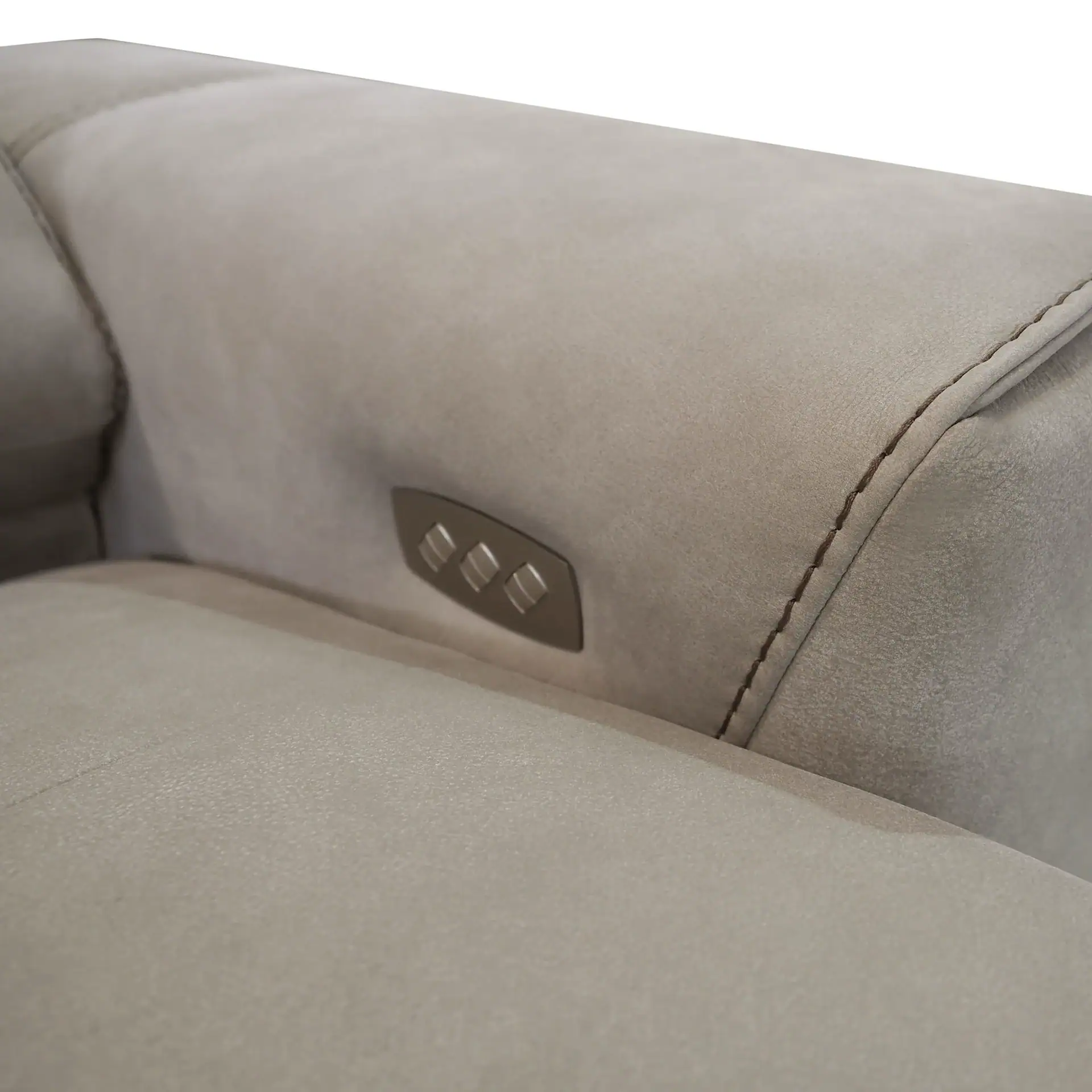 Close-up of a light gray upholstered recliner showing a dark gray control panel with three buttons embedded in the side.