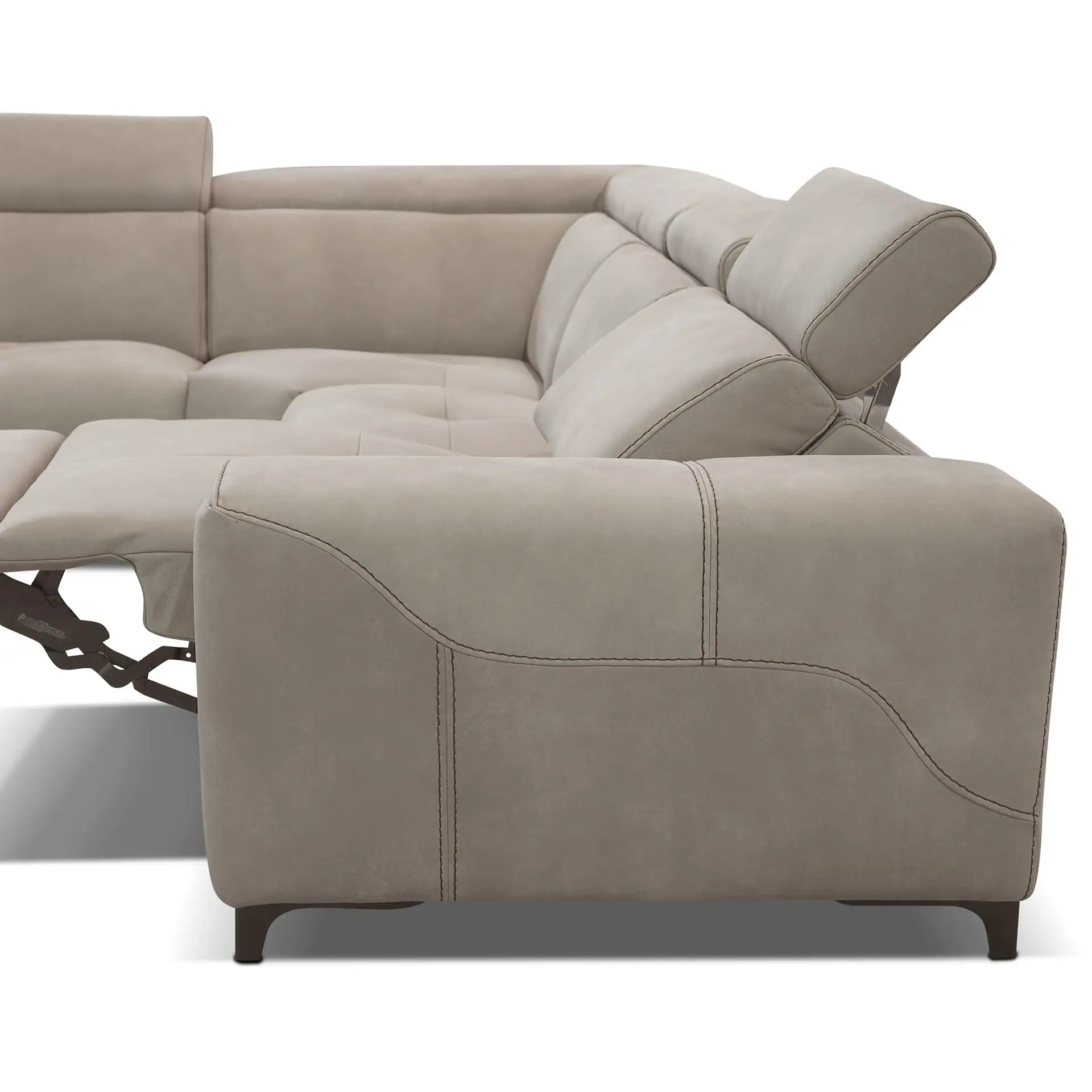 Close-up of a light beige sectional sofa with dark stitching, an extended footrest, and an adjustable headrest, on a white background.