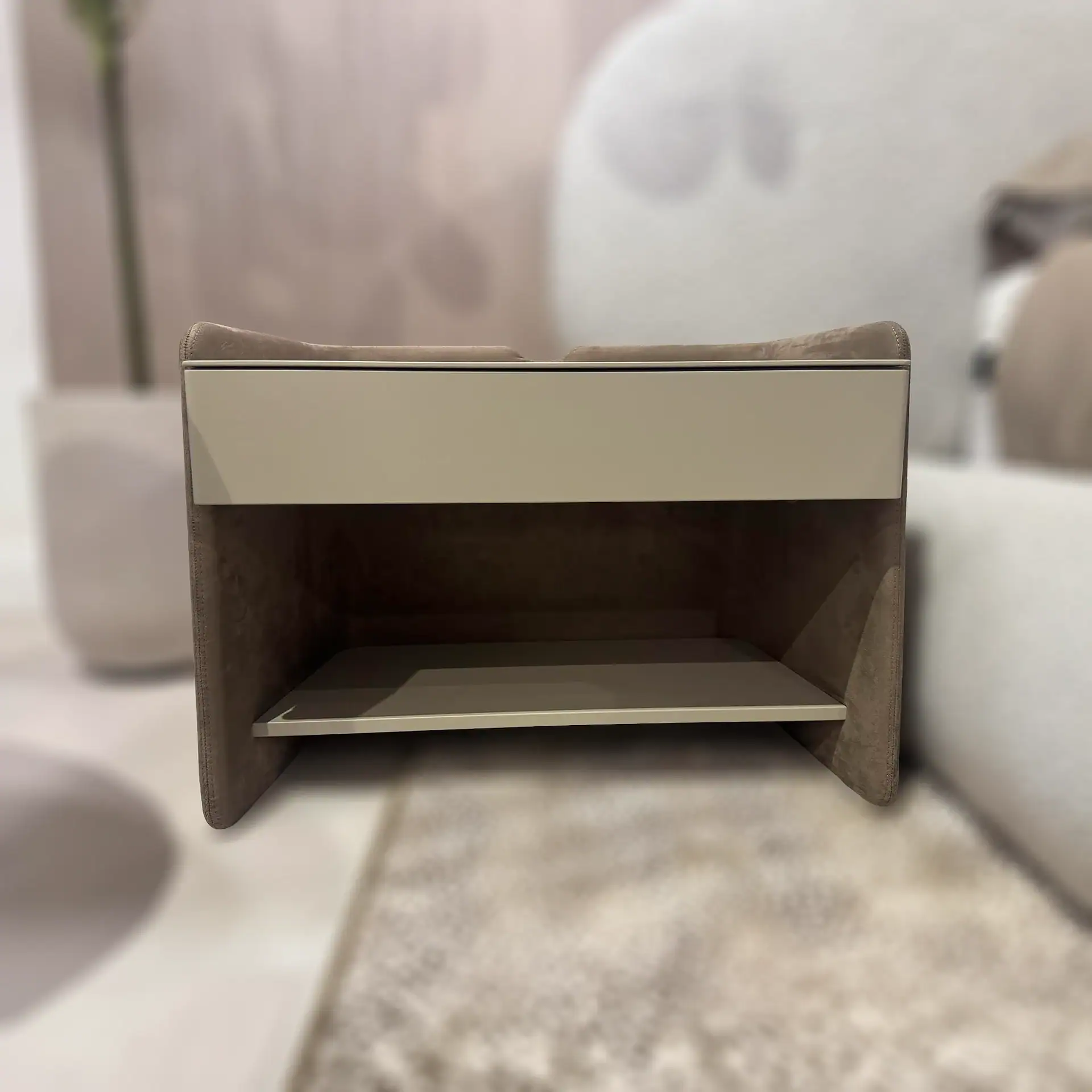 Pianca Chloe Low Nightstand with beige drawer and dark wood finish.