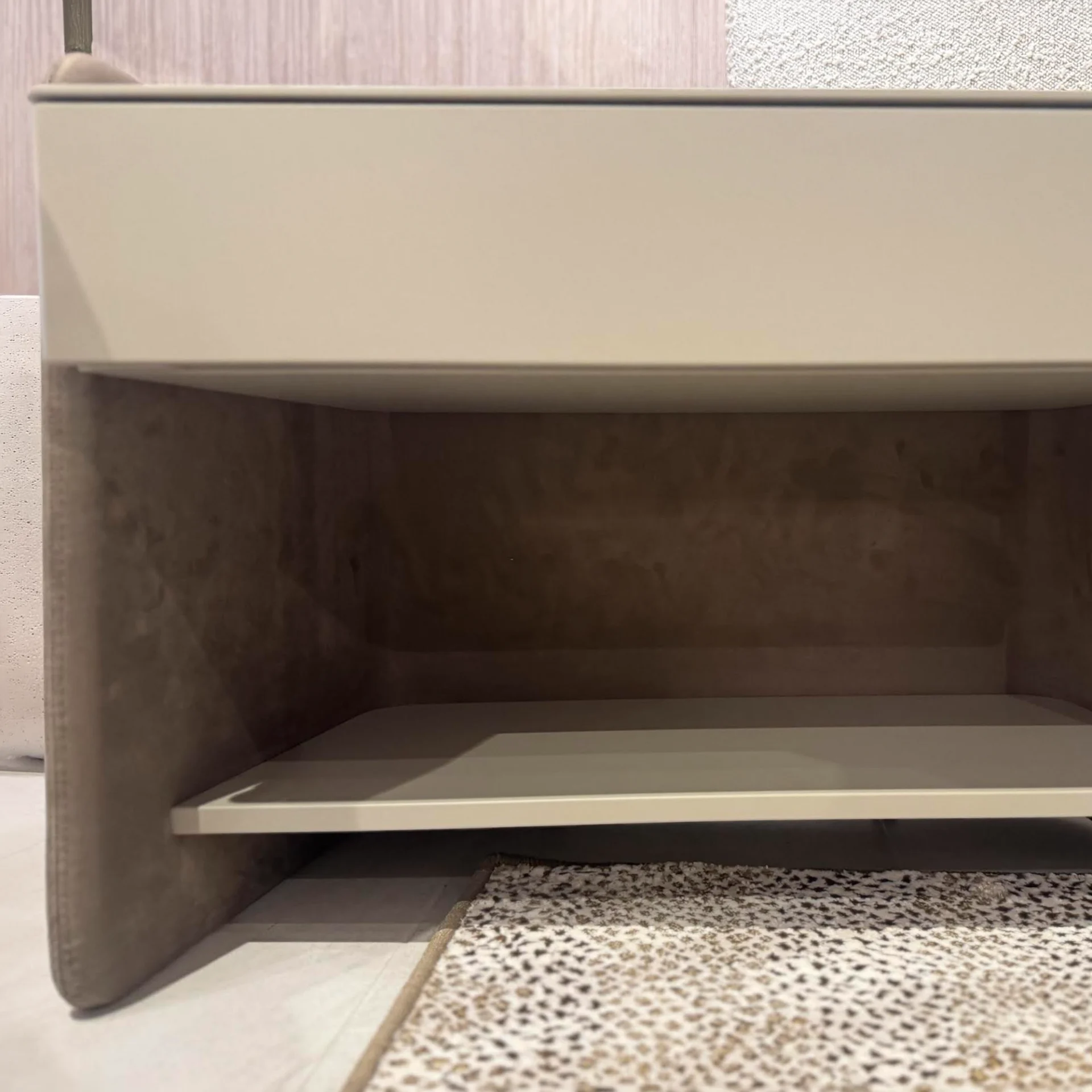 Pianca Chloe Low Nightstand with open shelf in a bedroom setting.