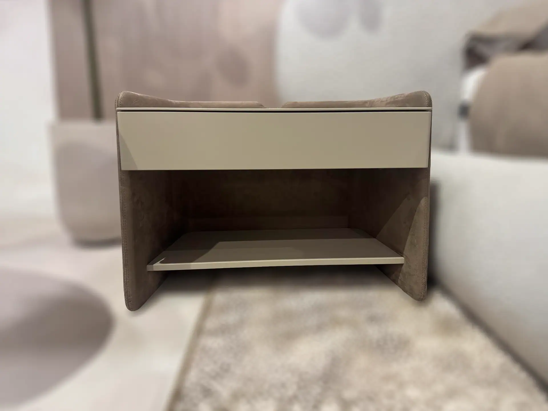 Pianca Chloe Low Nightstand with drawer and open shelf in a bedroom setting.
