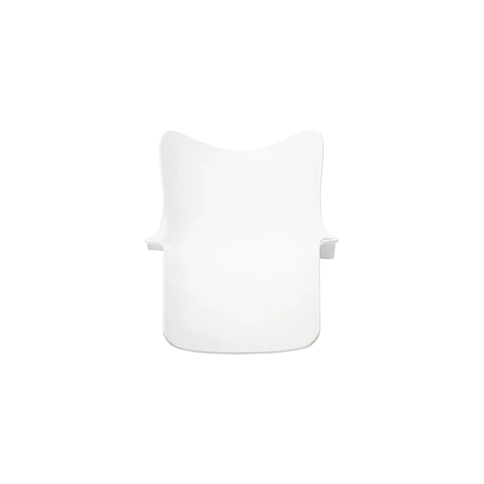 A white modern chair with a curved backrest and integrated armrests on a white background.