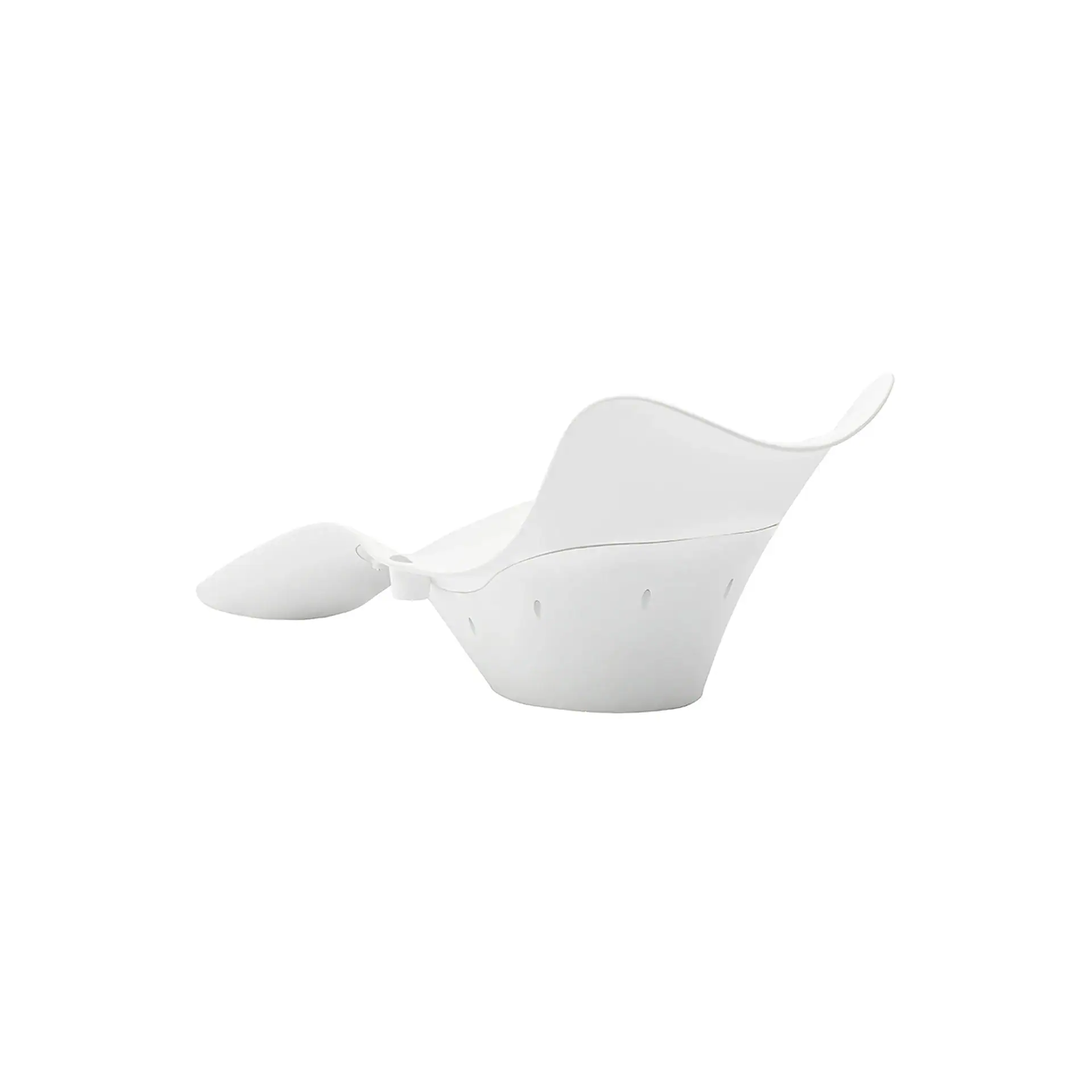A white, ergonomic baby bath seat with a contoured design and drainage holes, shown against a white background.