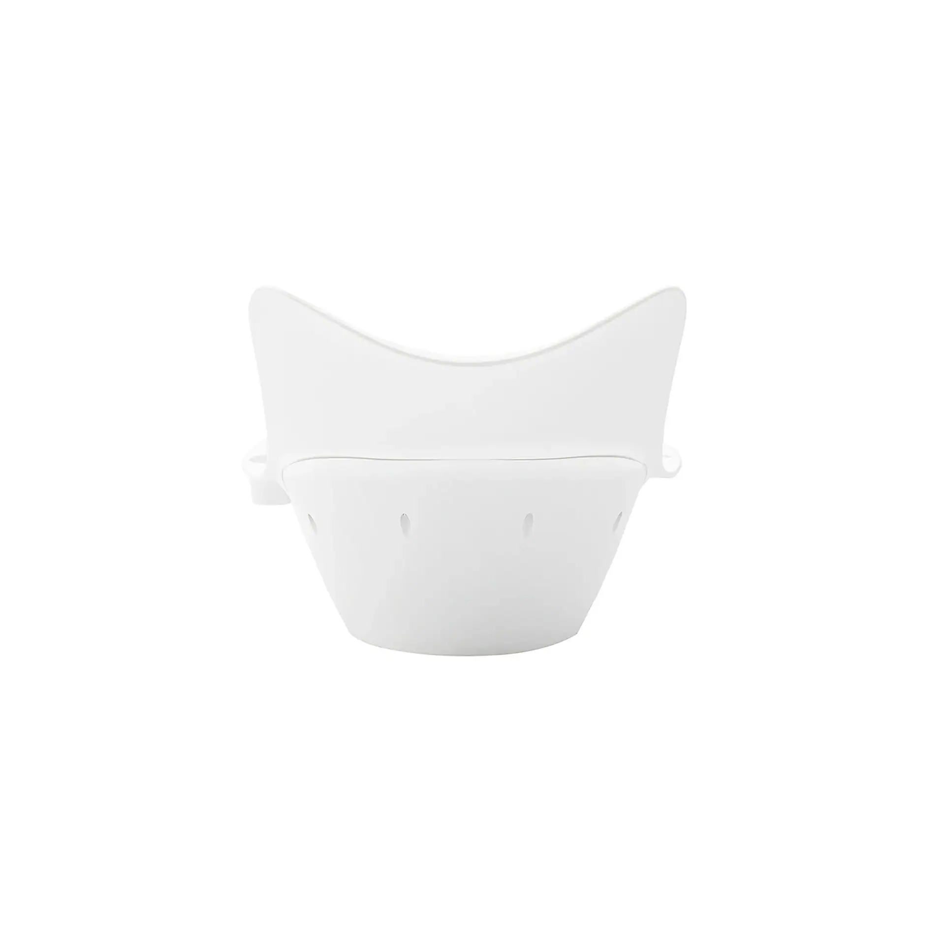 A white, bowl-shaped kitchen accessory with a curved, pointed top and a perforated base, centered on a white background.